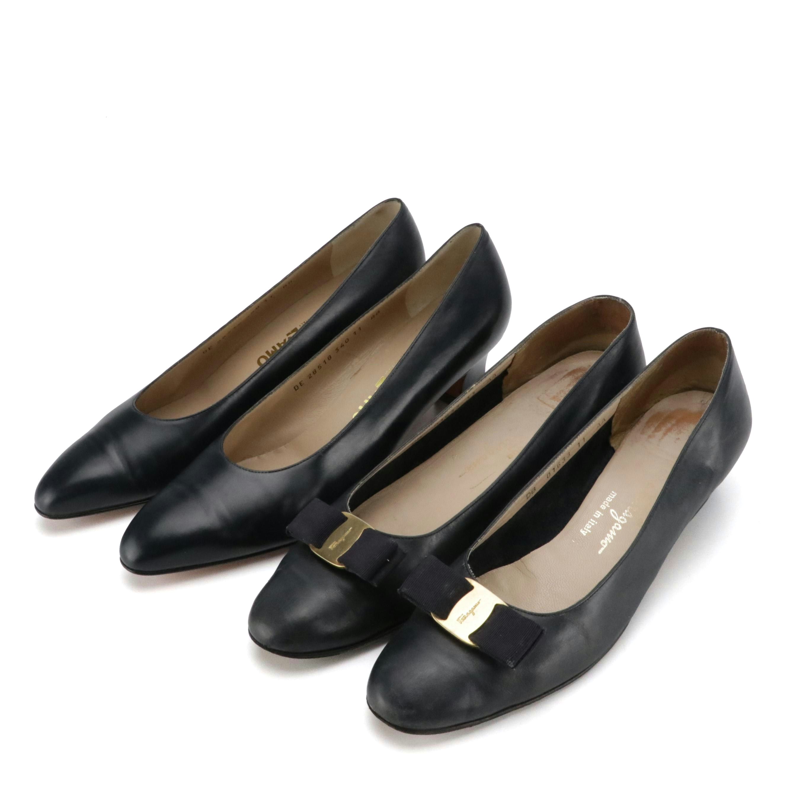 Salvatore Ferragamo Navy Blue Leather Vara Bow Pumps