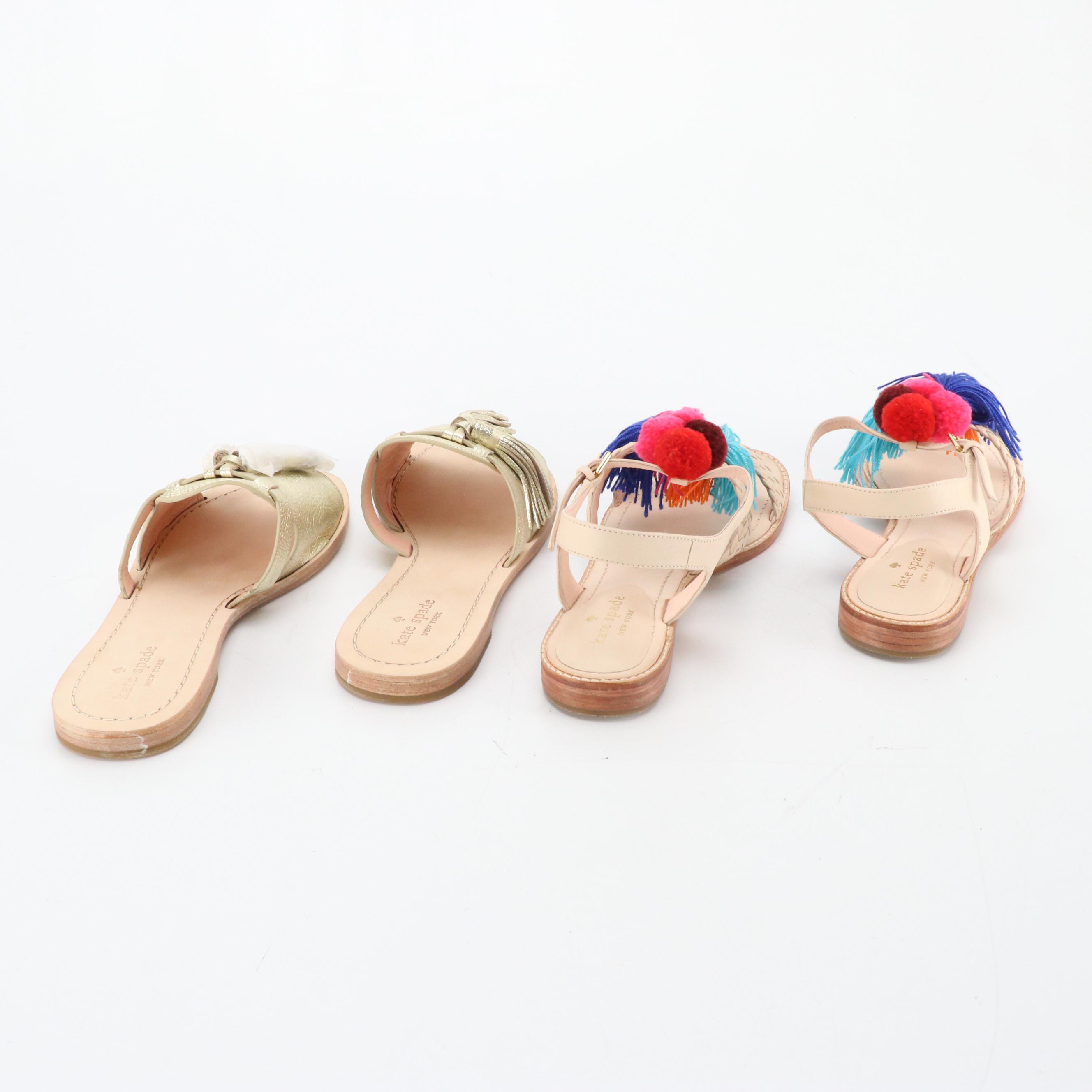 Kate Spade Coby Tassel and Sunset Pom-Pom Flat Sandals with Boxes