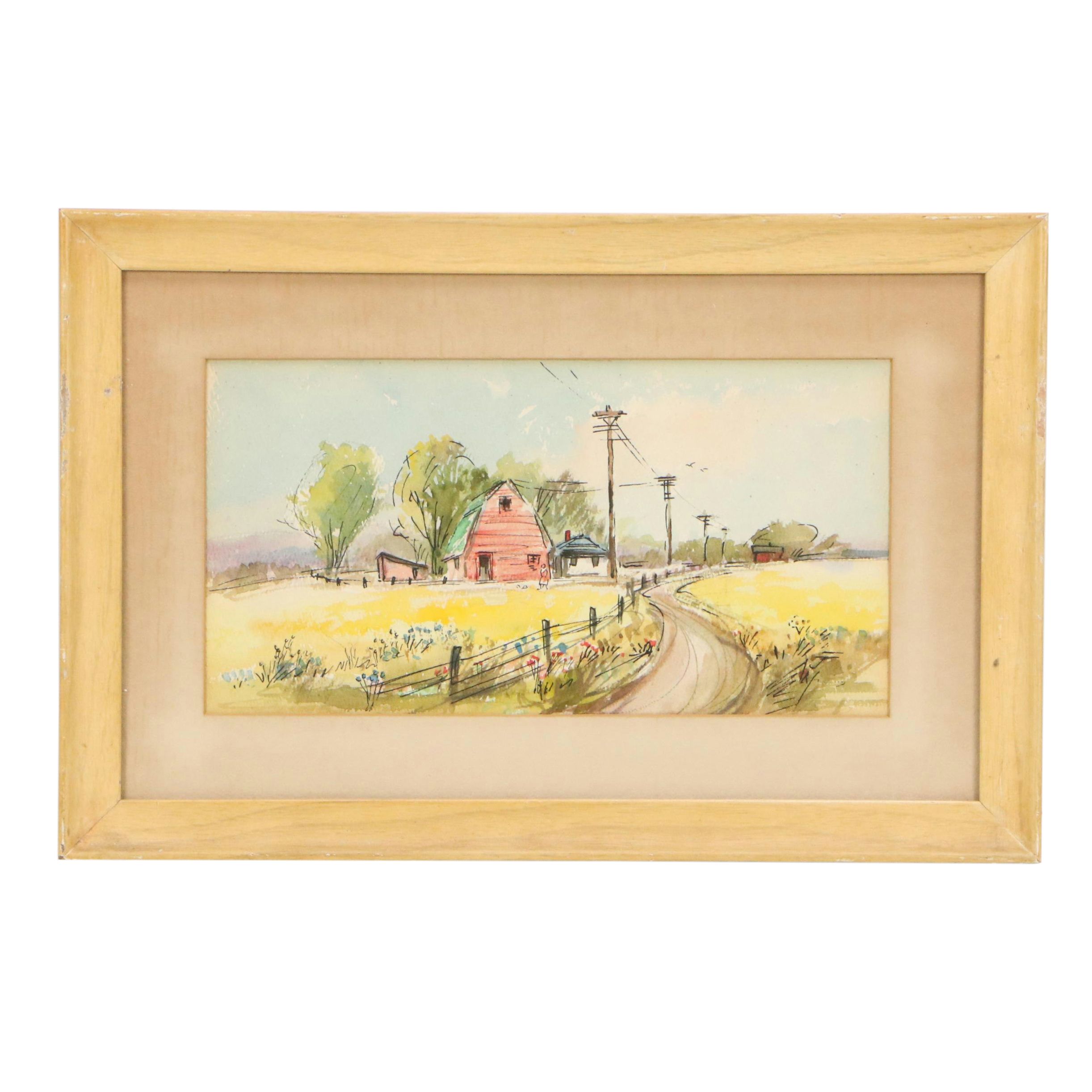 Watercolor Paintings of Pastoral Landscapes, Mid-20th Century