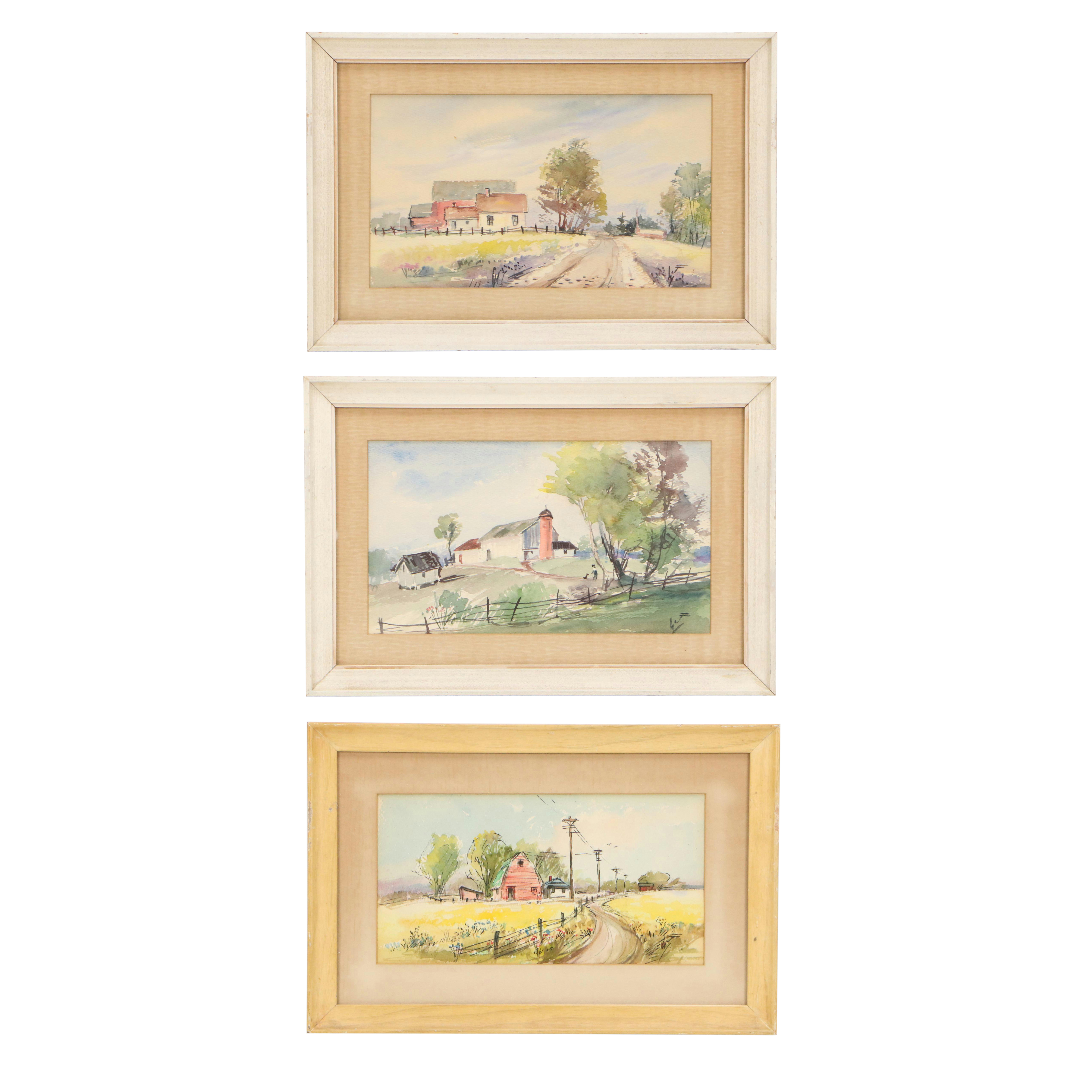 Watercolor Paintings of Pastoral Landscapes, Mid-20th Century