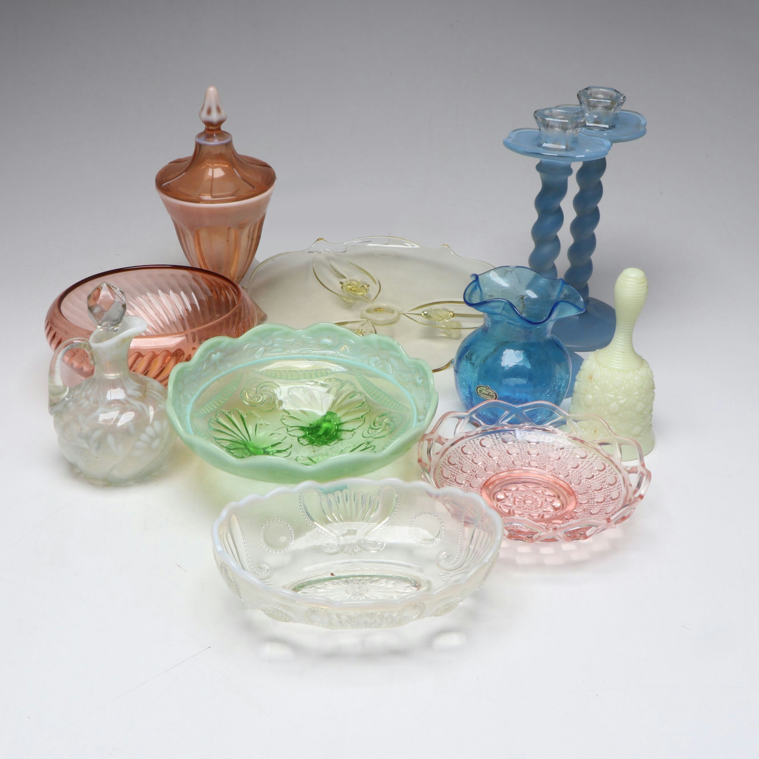 Custard Glass Bell, Rainbow Crackle Blue Vase and Other Colored Glass Tableware