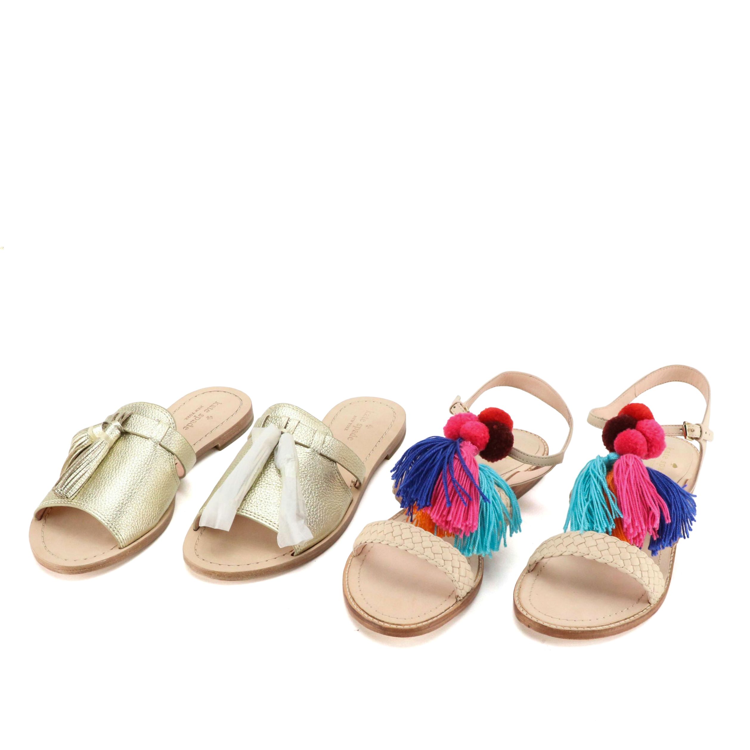 Kate Spade Coby Tassel and Sunset Pom-Pom Flat Sandals with Boxes