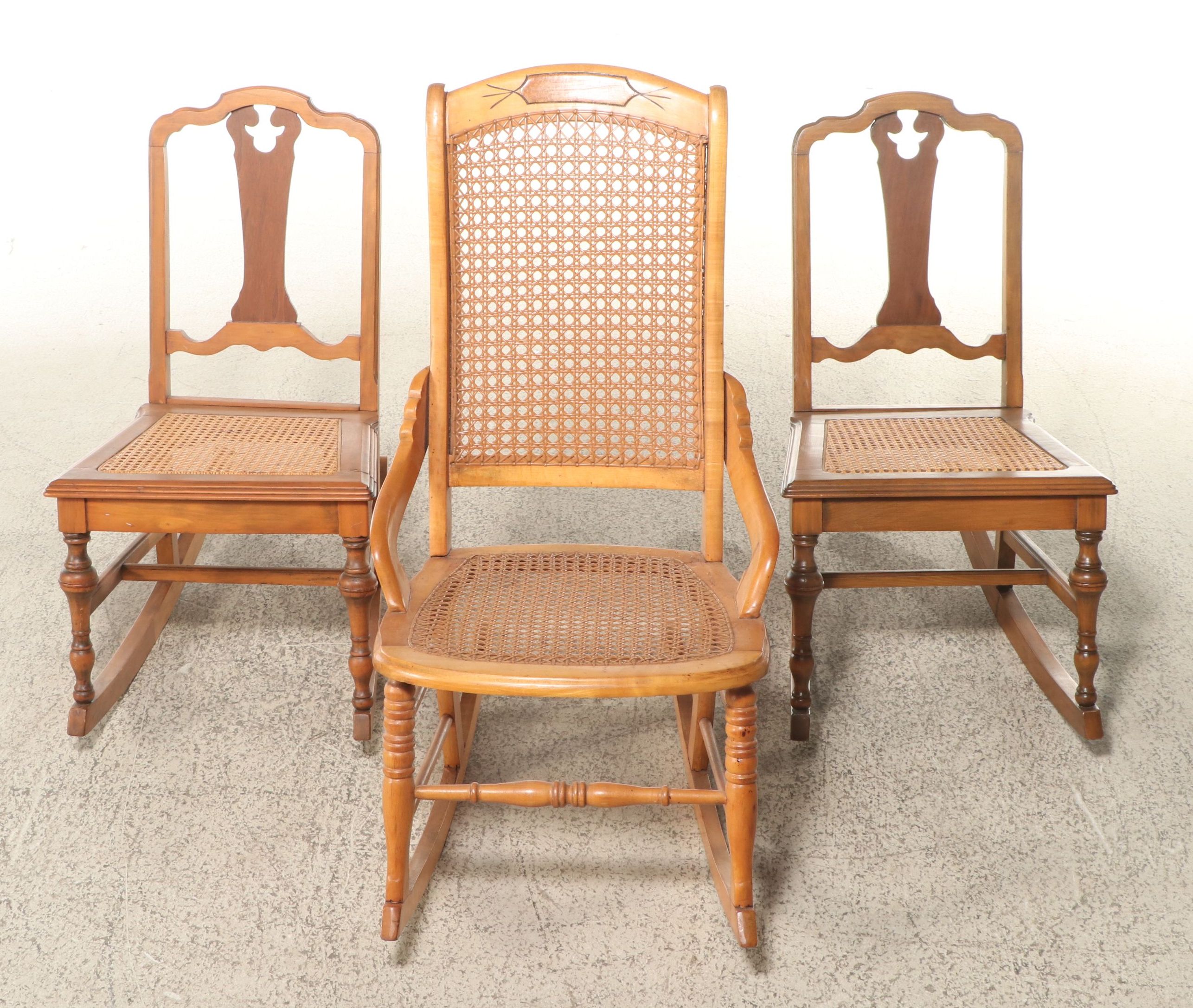 Eastlake Style Rocking and Jacobean Revival Style Cane Bottom Dining Chairs