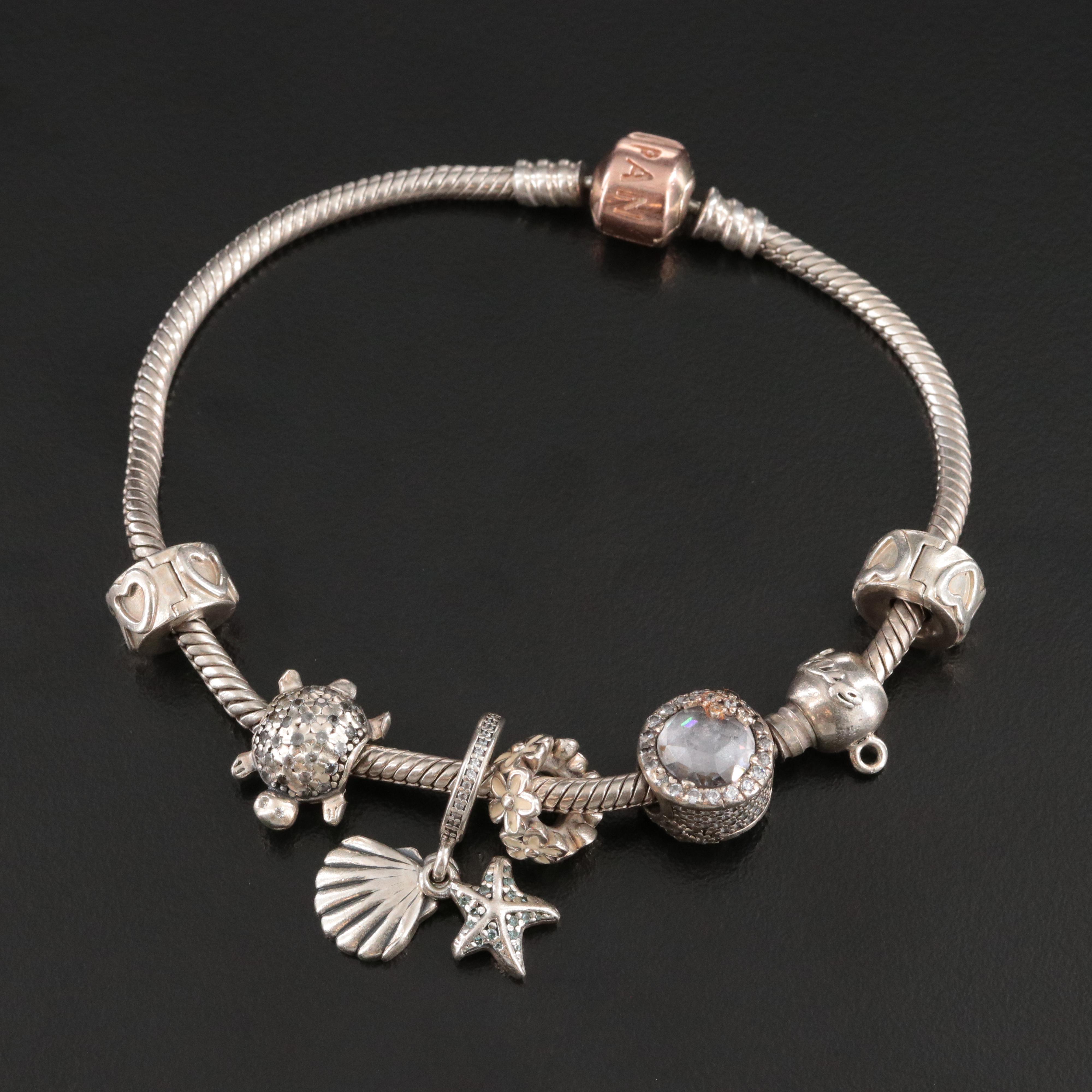 Pandora Sterling Bracelet and CZ Beads with Rose Tone Accents