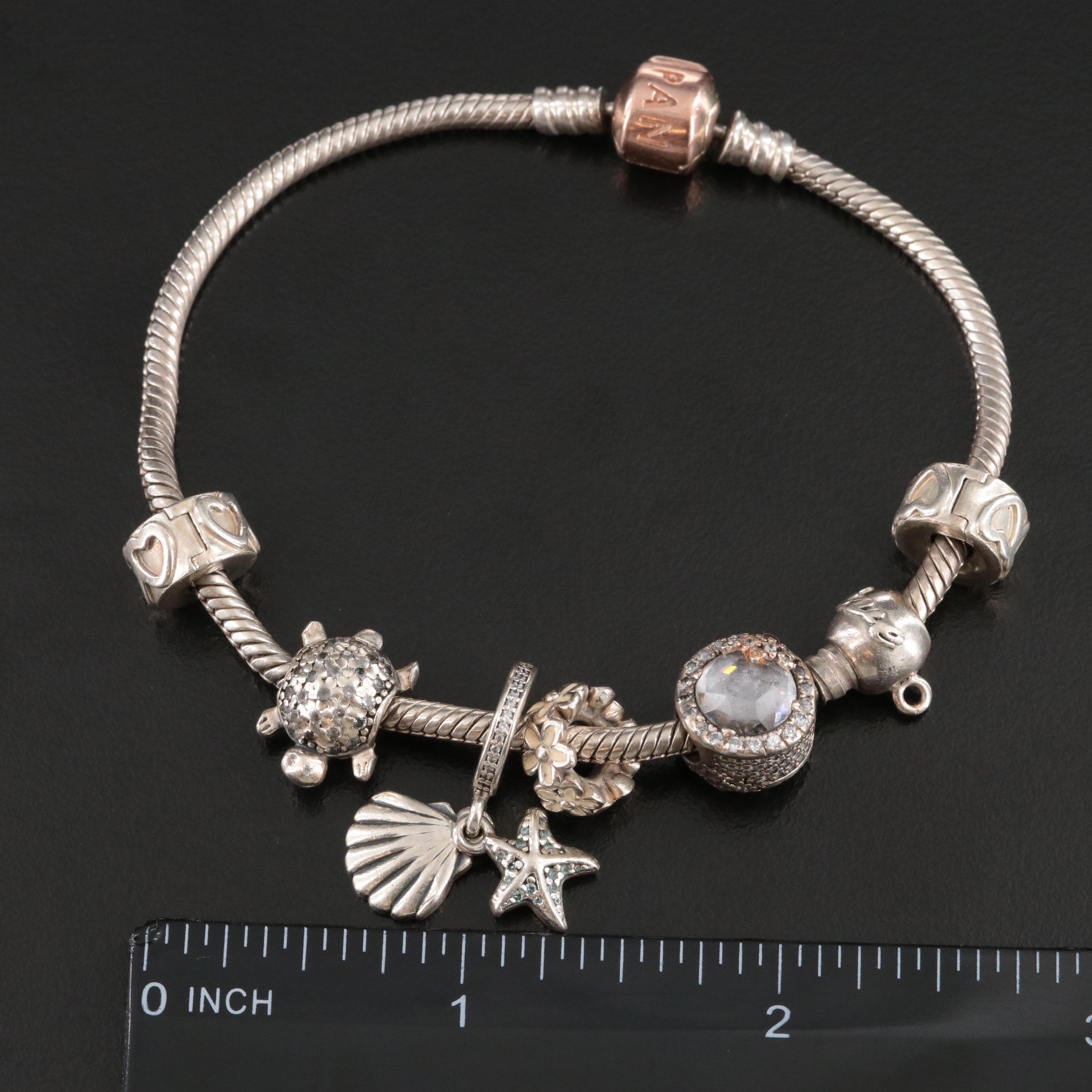 Pandora Sterling Bracelet and CZ Beads with Rose Tone Accents