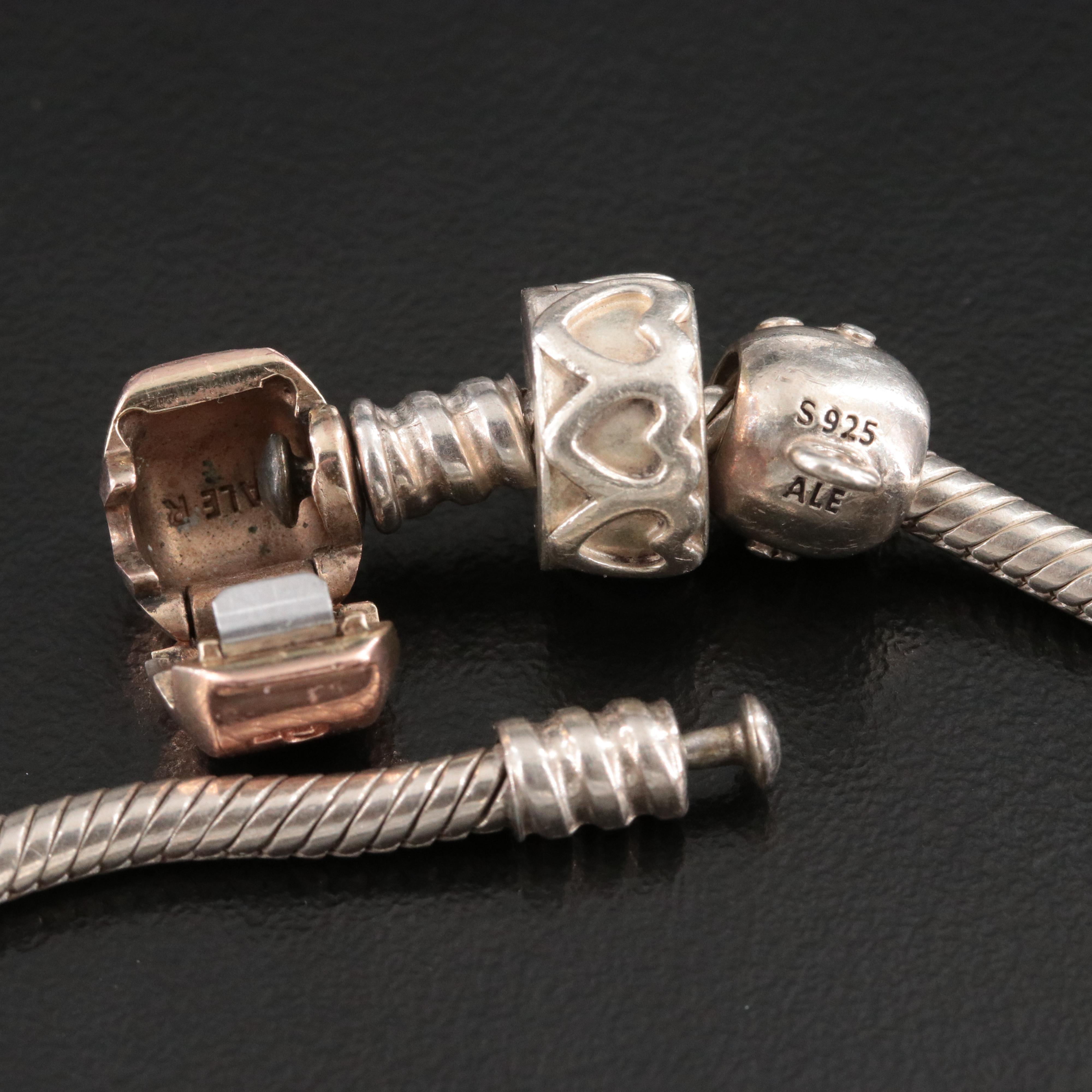 Pandora Sterling Bracelet and CZ Beads with Rose Tone Accents