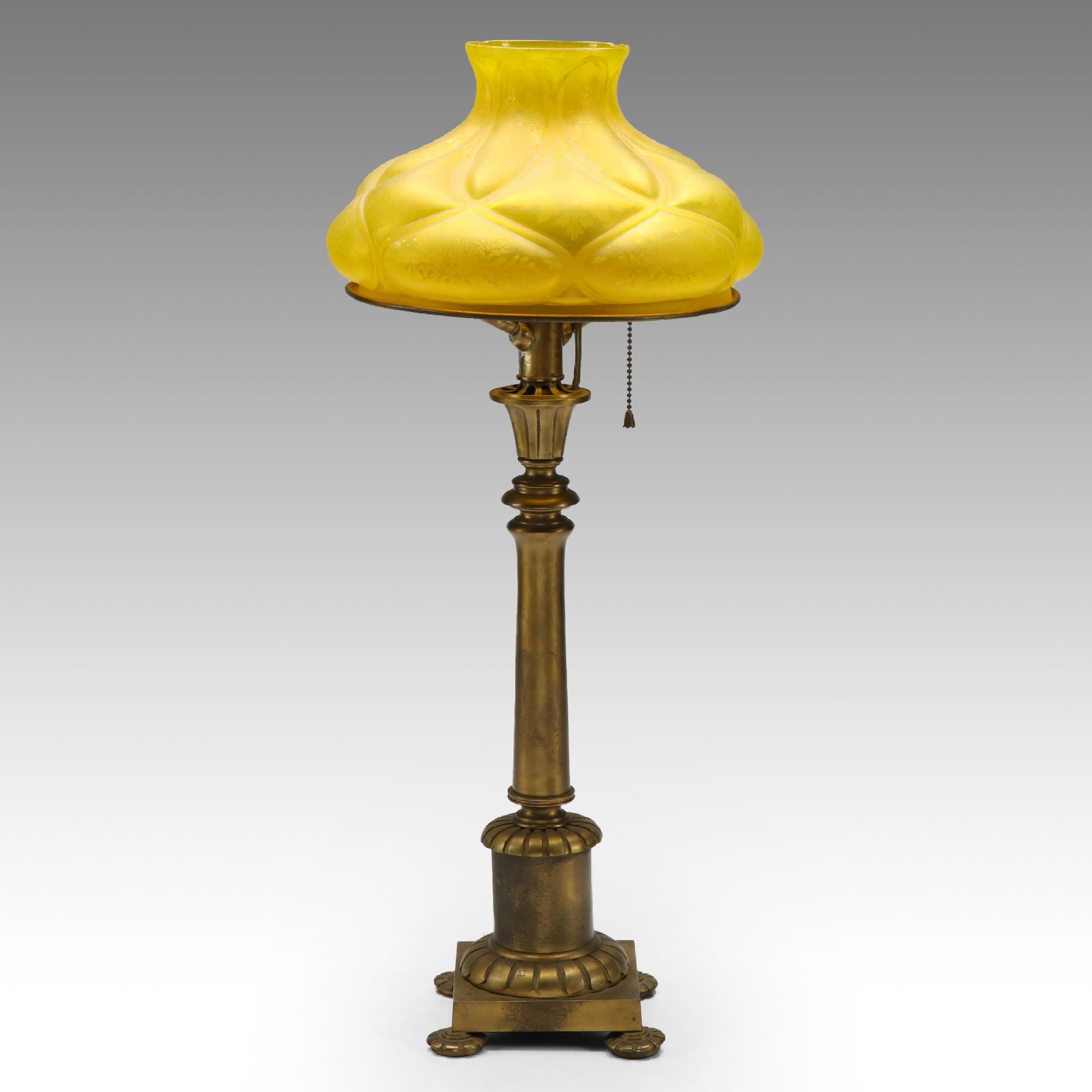 Neoclassical Style Brass Table Lamp with Diamond Quilt Yellow Glass Shade