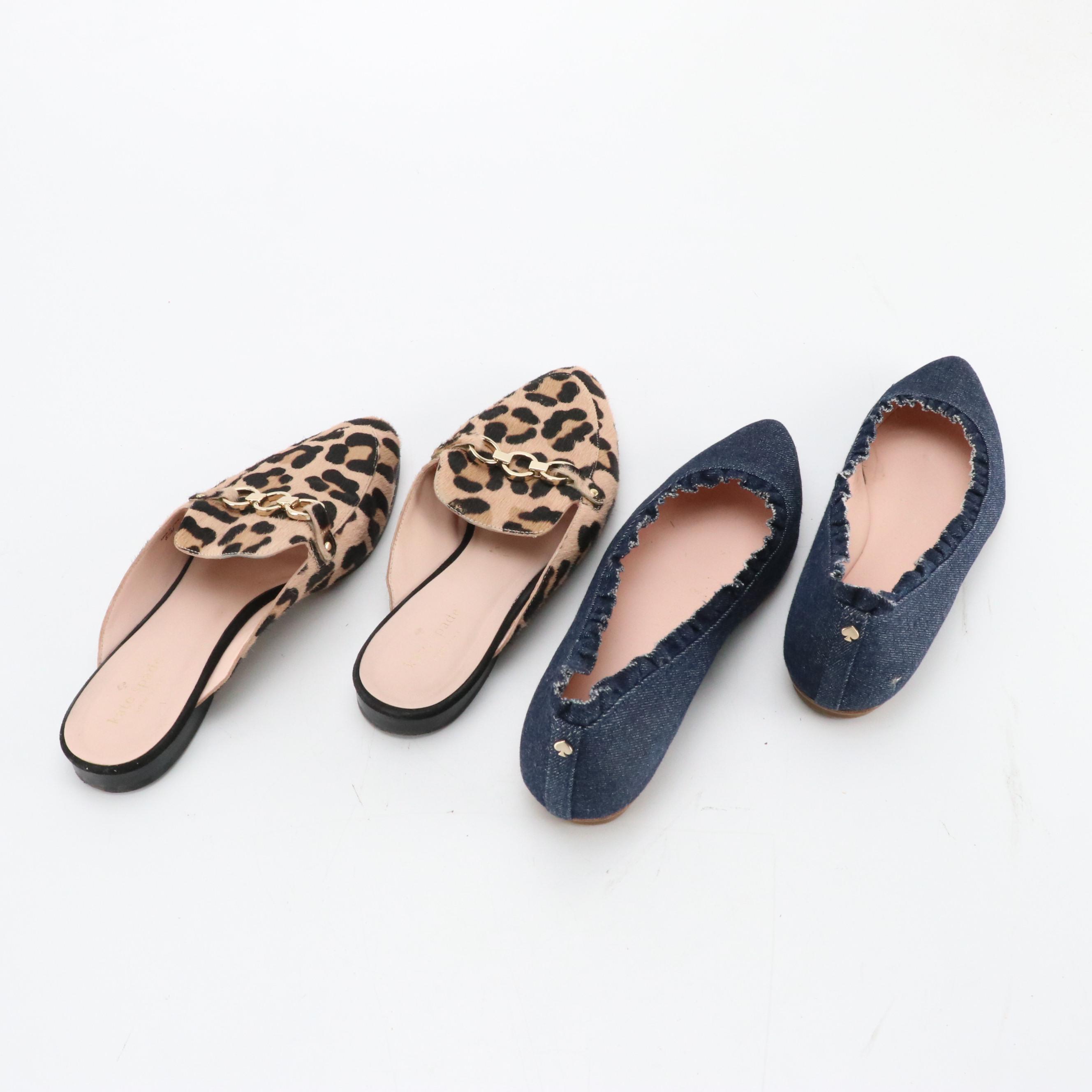 Kate Spade Ruffled Denim "Nicole" Flats and "Cece Too" Leopard Calf Hair Loafers