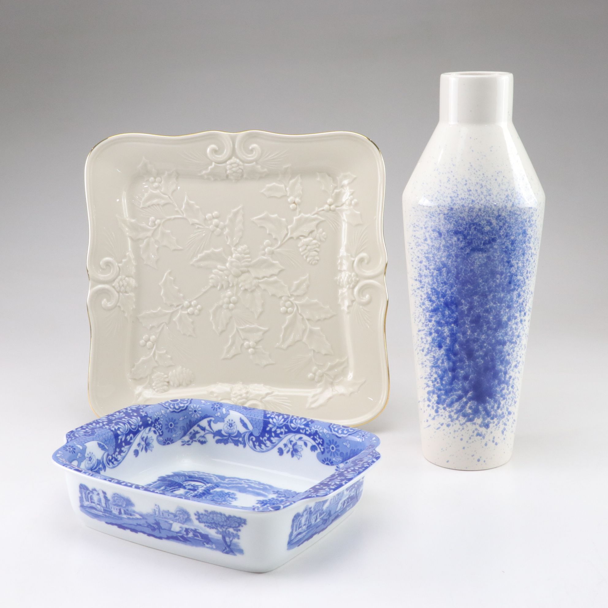 Spode "Blue Italian" Lasagne Dish, Sporvil Vase, and Lenox Holiday Platter