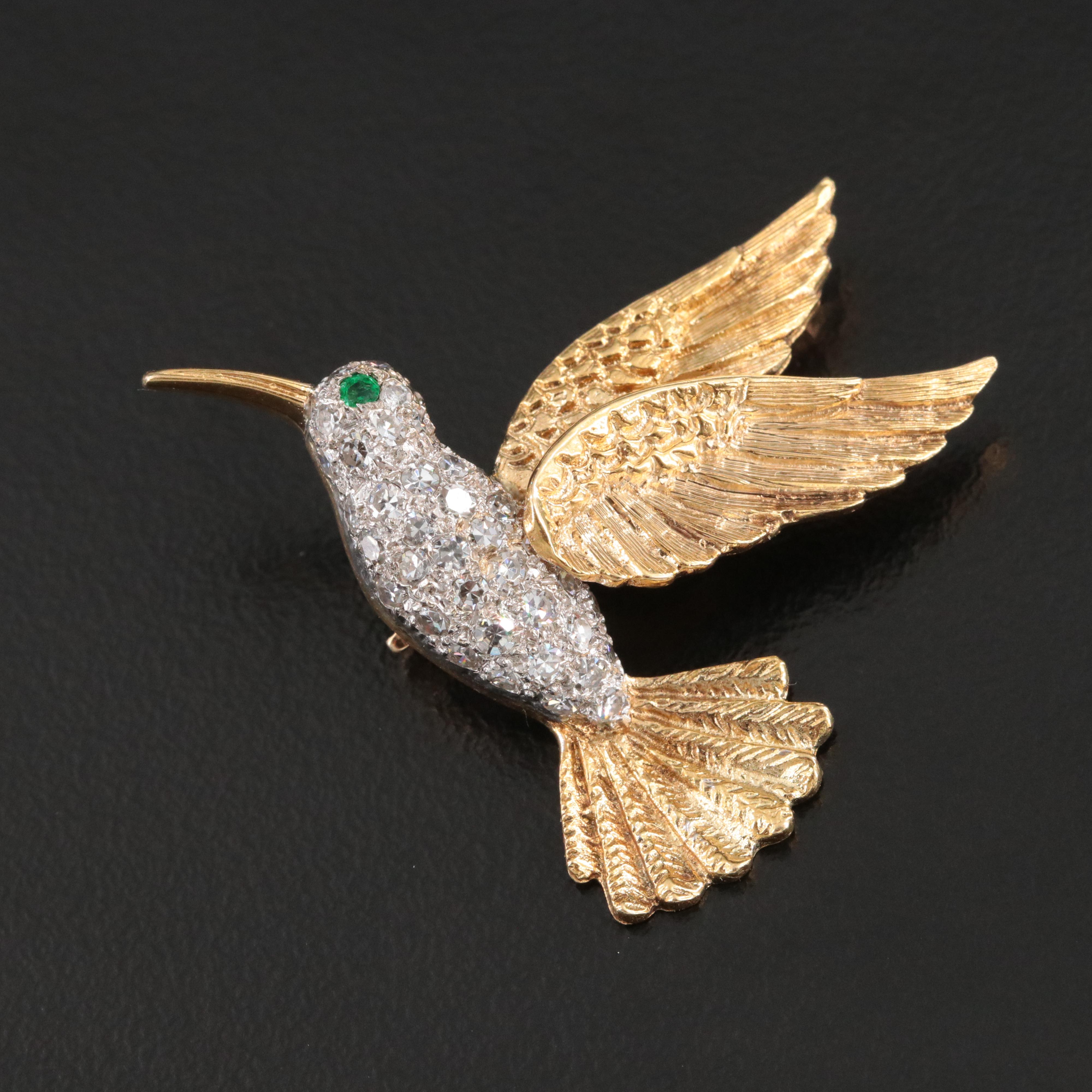 18K 0.50 CTW Diamond and Emerald Hummingbird Brooch