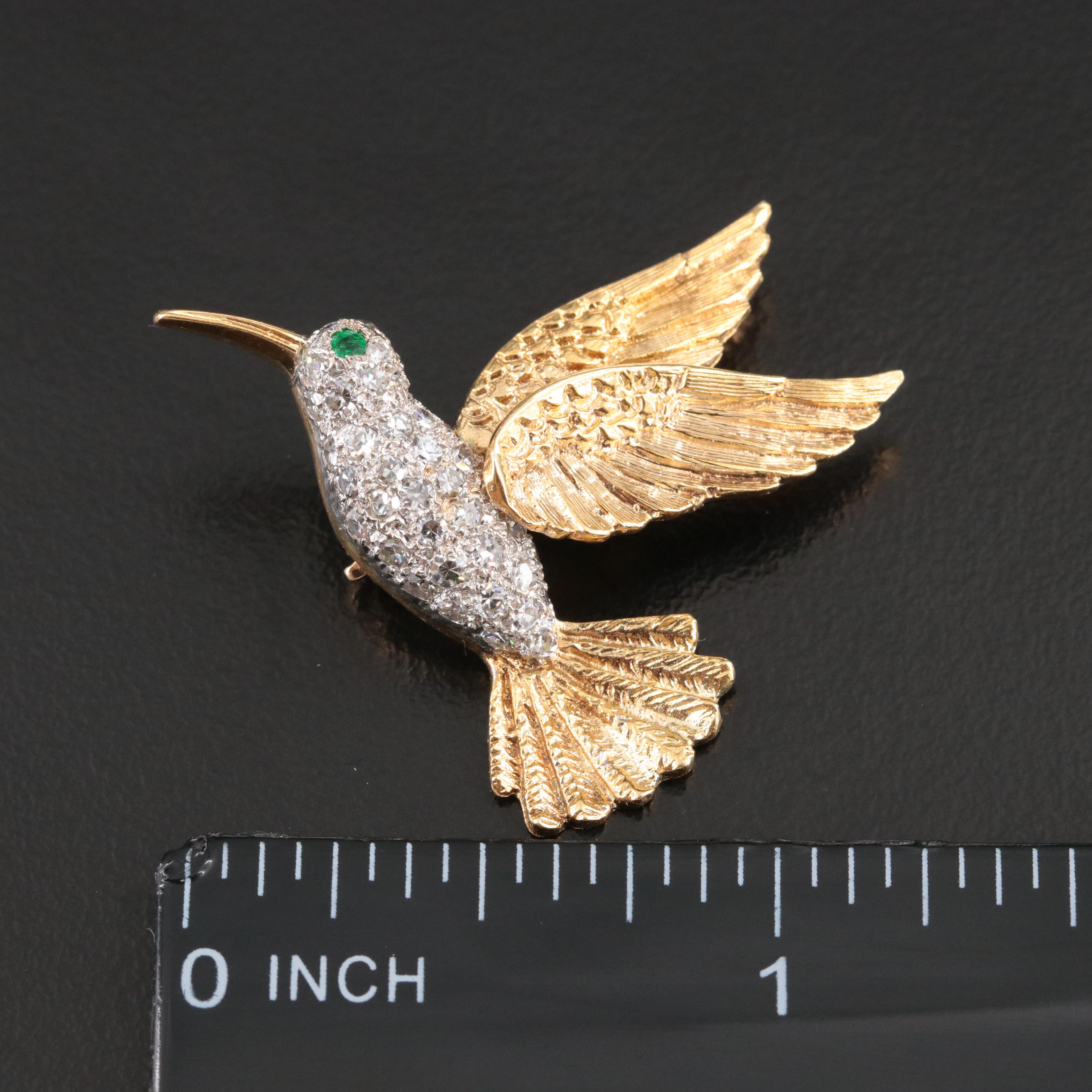 18K 0.50 CTW Diamond and Emerald Hummingbird Brooch