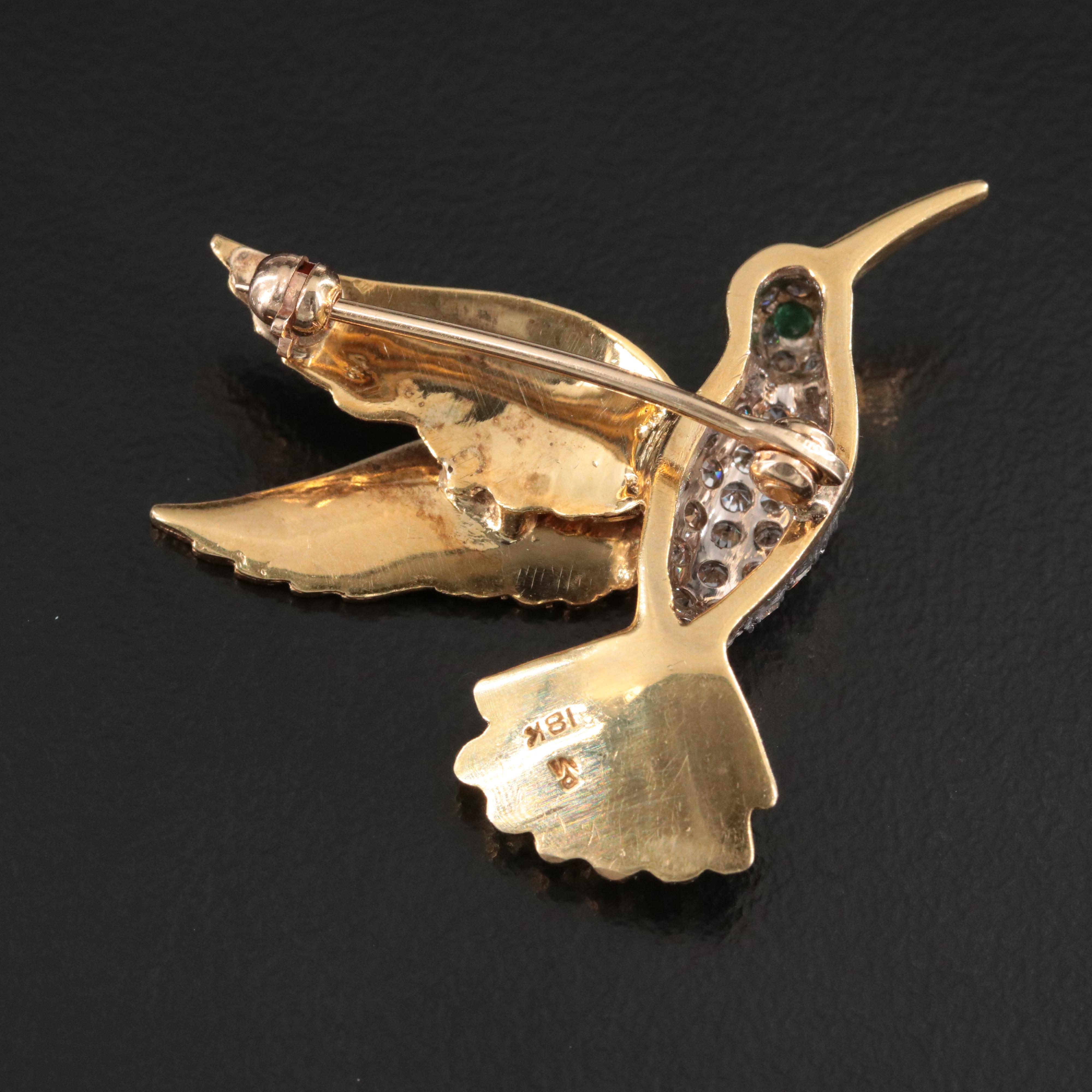 18K 0.50 CTW Diamond and Emerald Hummingbird Brooch
