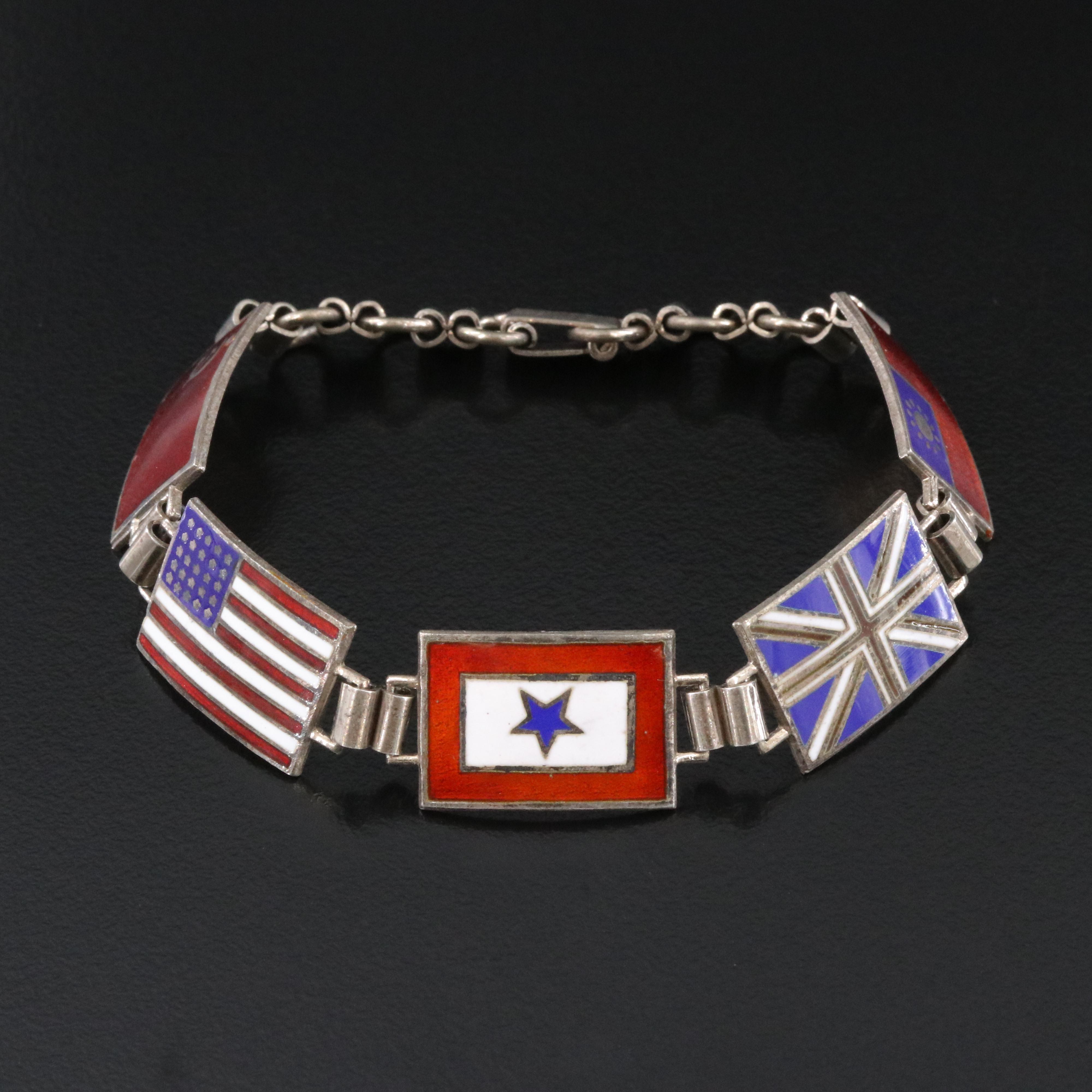 Vintage Sterling World War II Allied Forces Enameled Flag Panel Bracelet