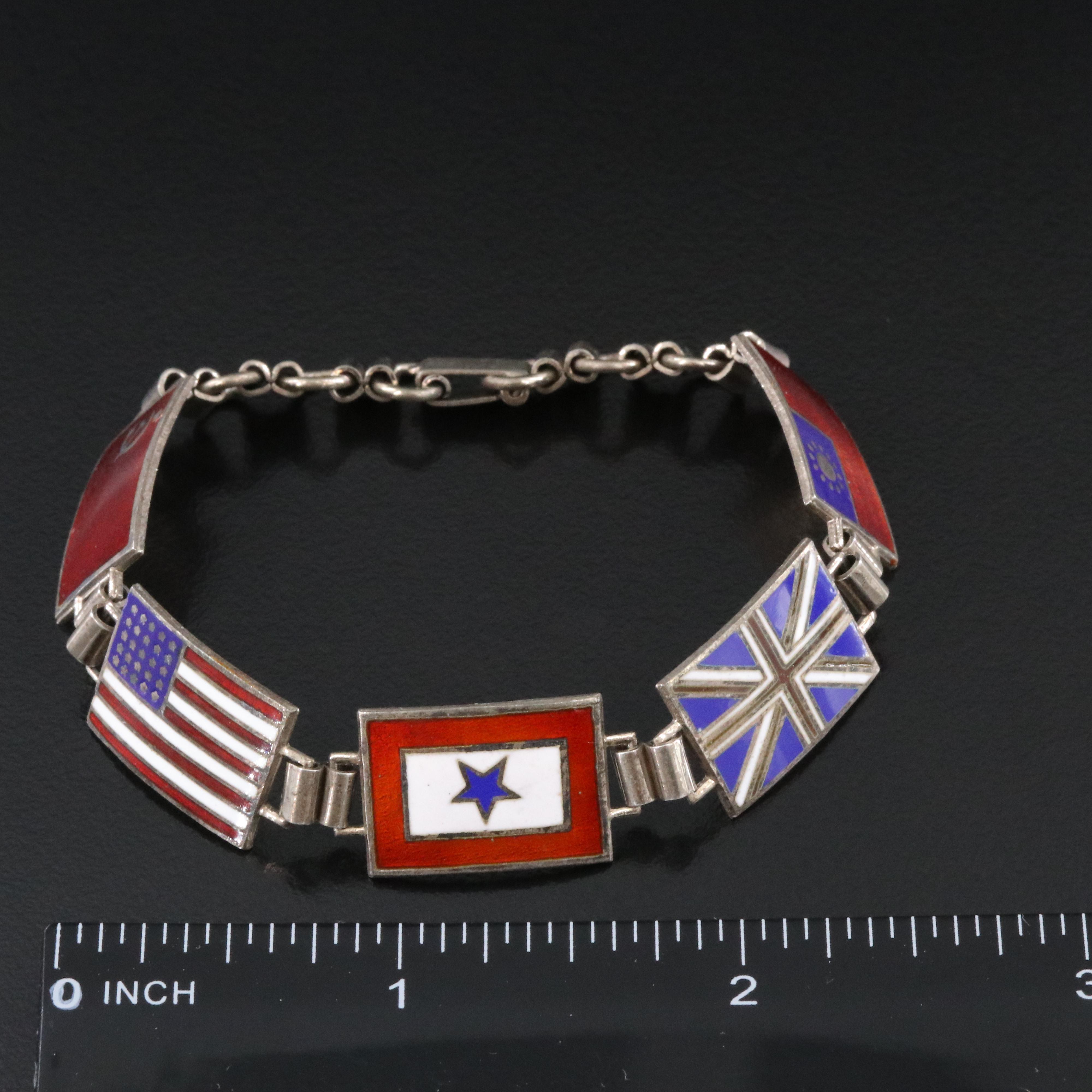 Vintage Sterling World War II Allied Forces Enameled Flag Panel Bracelet
