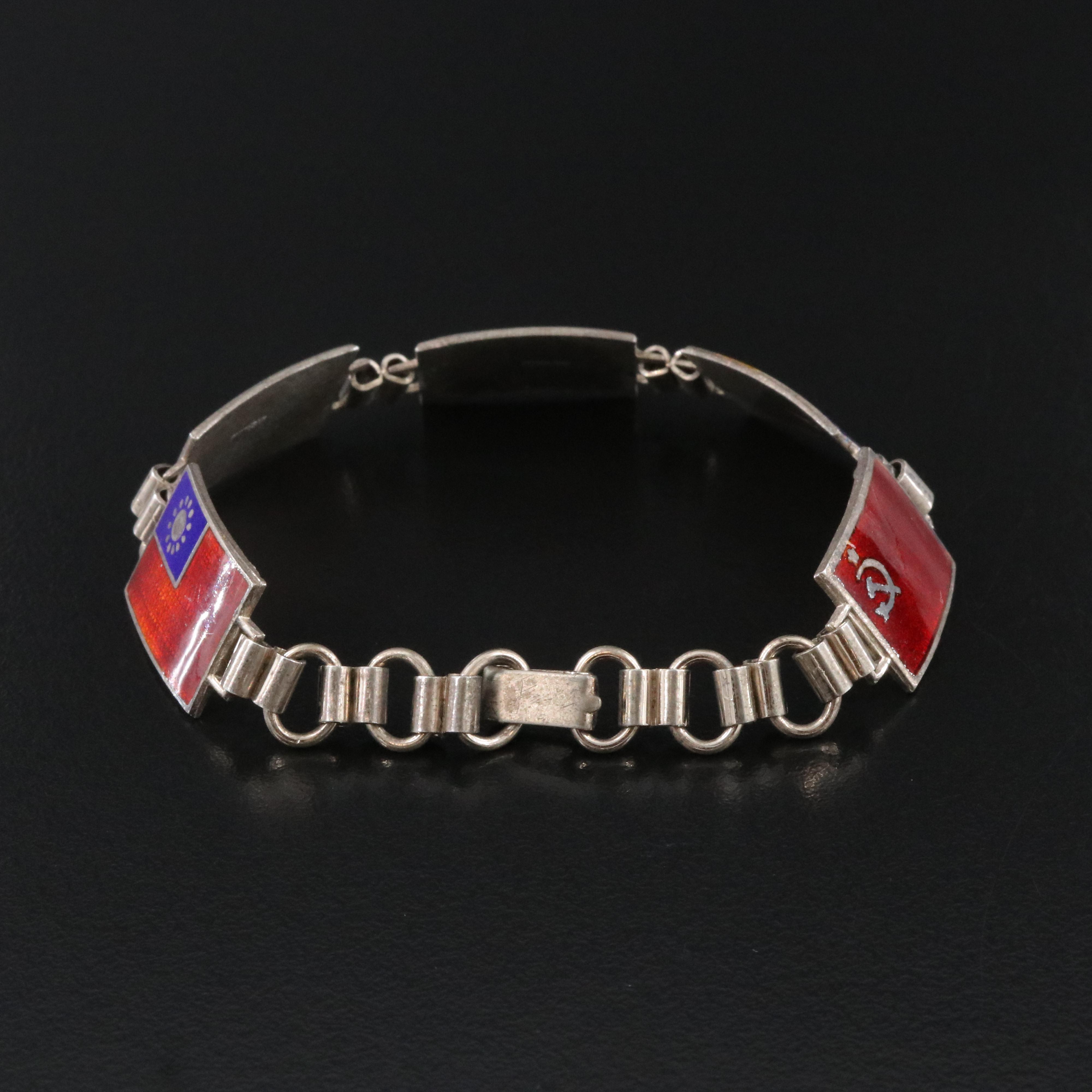 Vintage Sterling World War II Allied Forces Enameled Flag Panel Bracelet