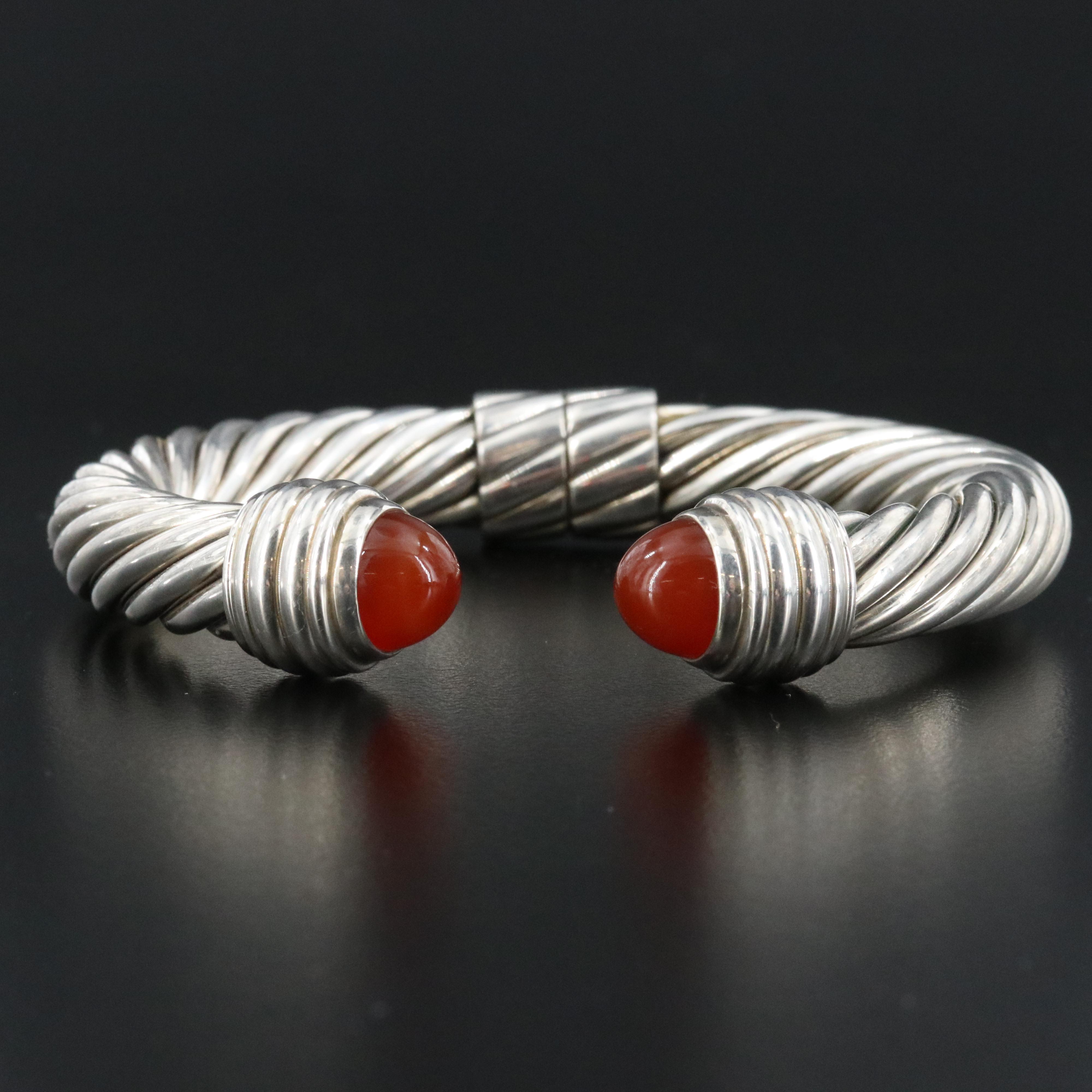 David Yurman Sterling and Carnelian Cable Cuff Bracelet