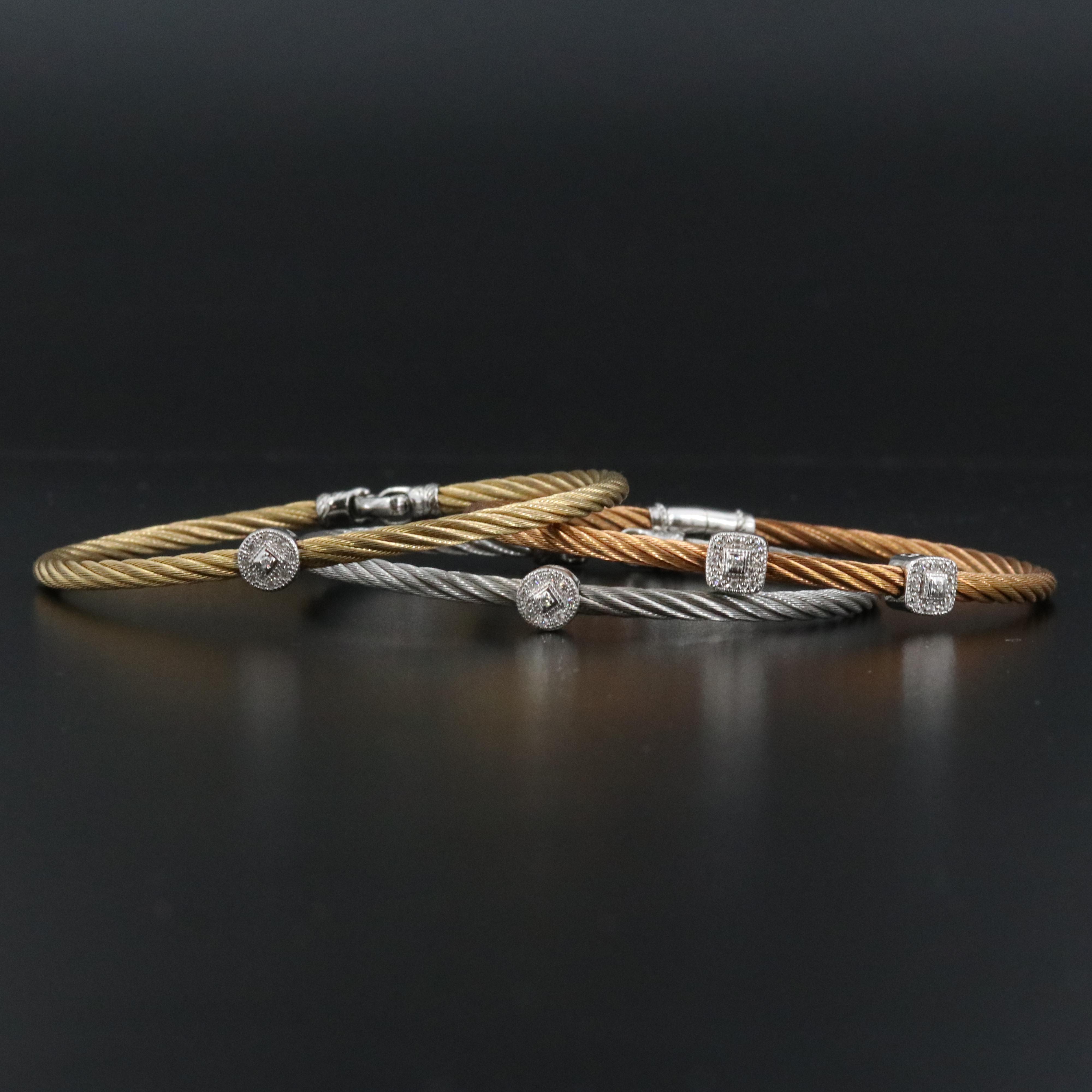 Charriol Steel Cable Bracelet Collection with 18K Diamond Stations