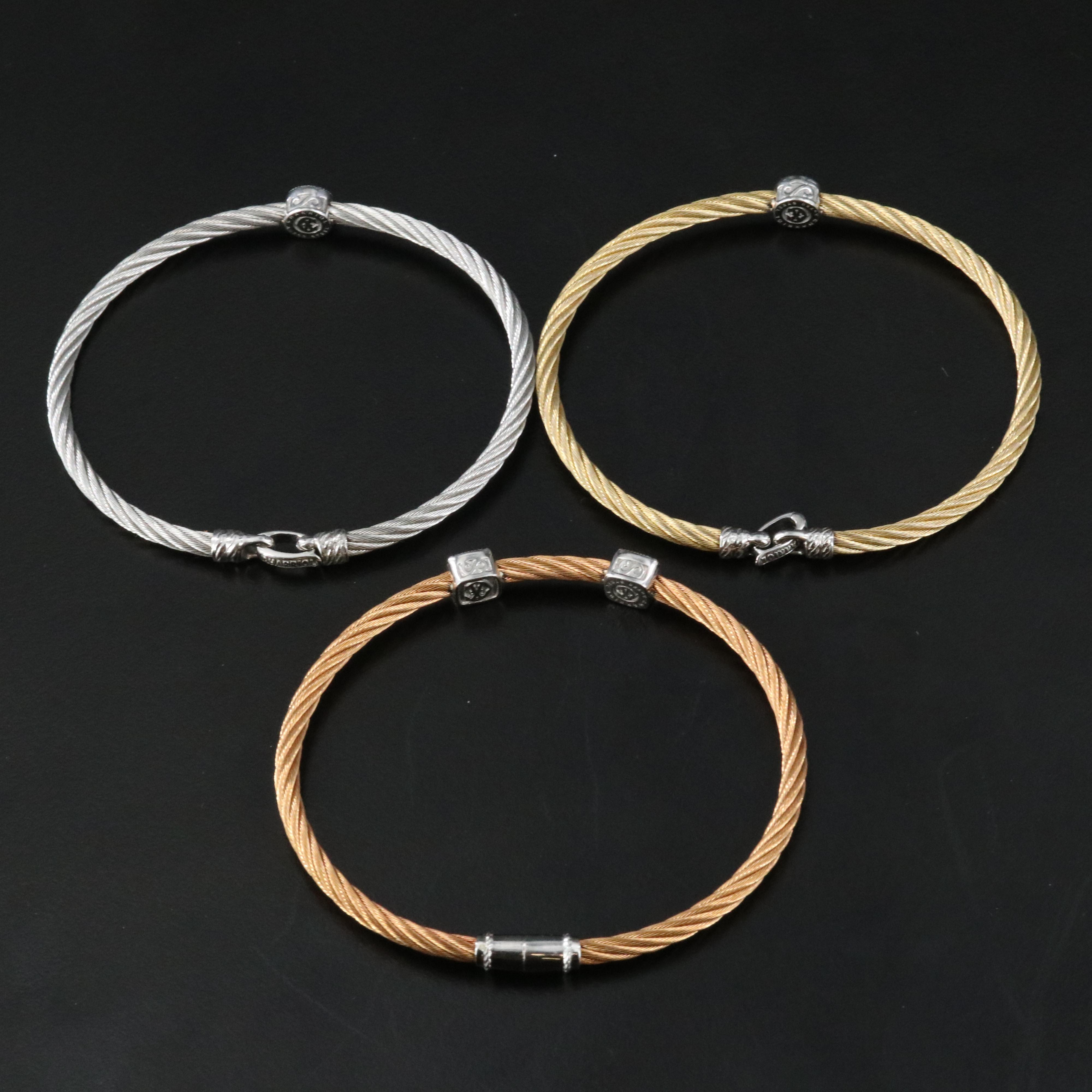 Charriol Steel Cable Bracelet Collection with 18K Diamond Stations