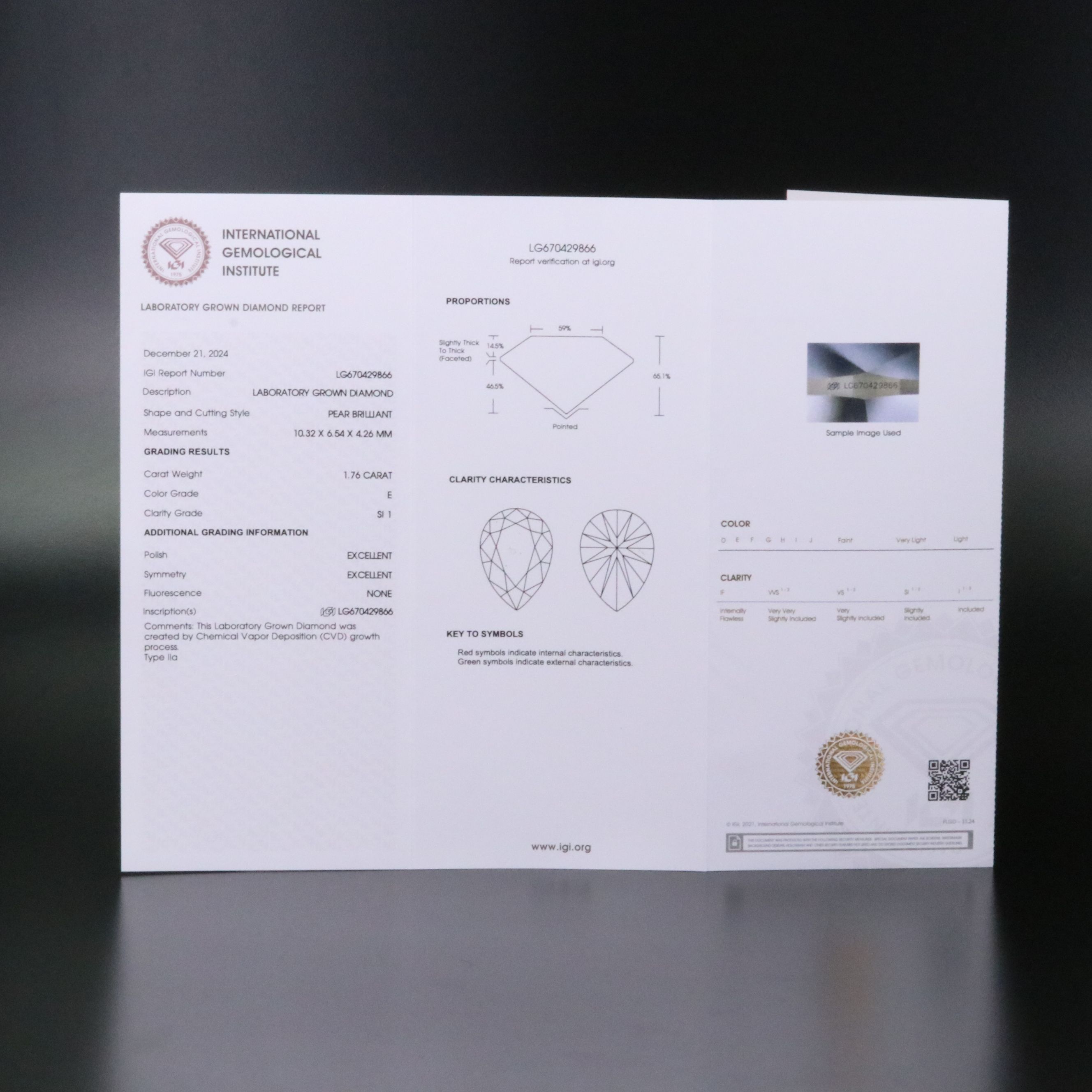 Loose 1.76 CT Lab Grown Diamond with IGI Report