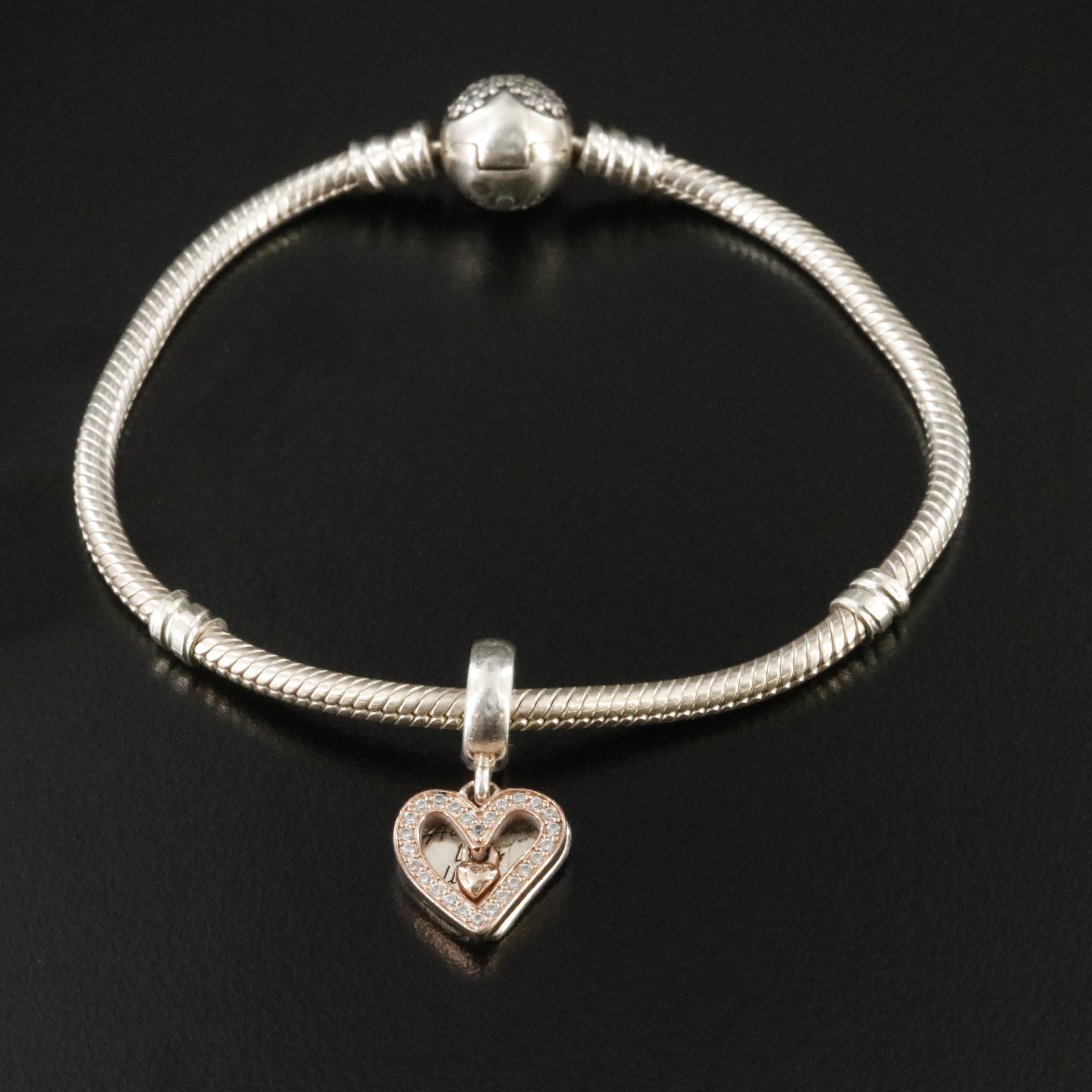 Pandora Sterling CZ Bracelet and Heart Bead with Rose Tone Accent