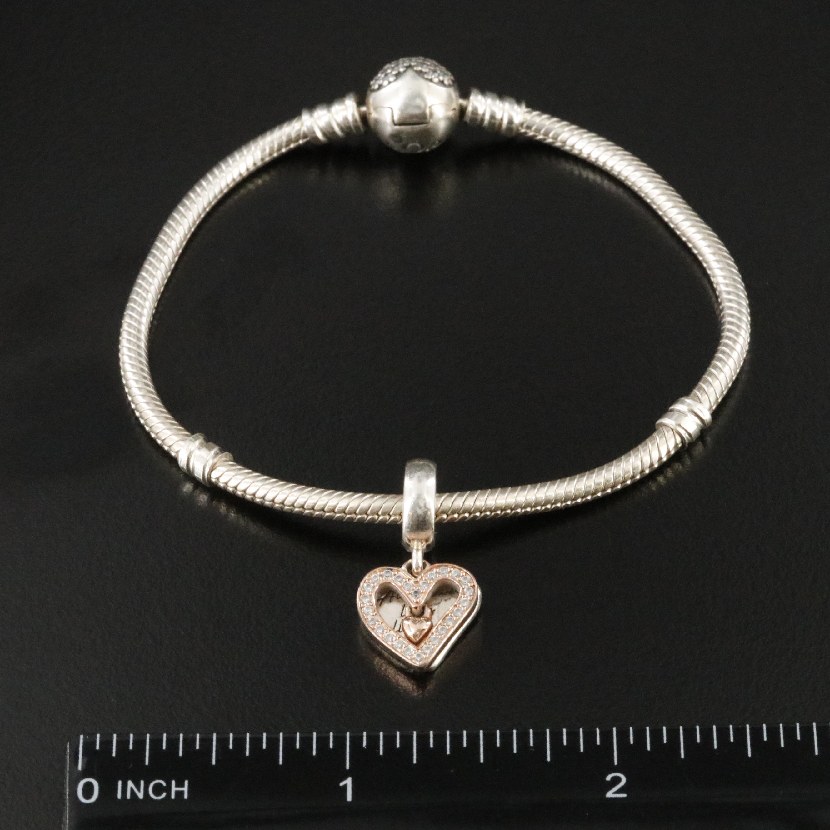 Pandora Sterling CZ Bracelet and Heart Bead with Rose Tone Accent