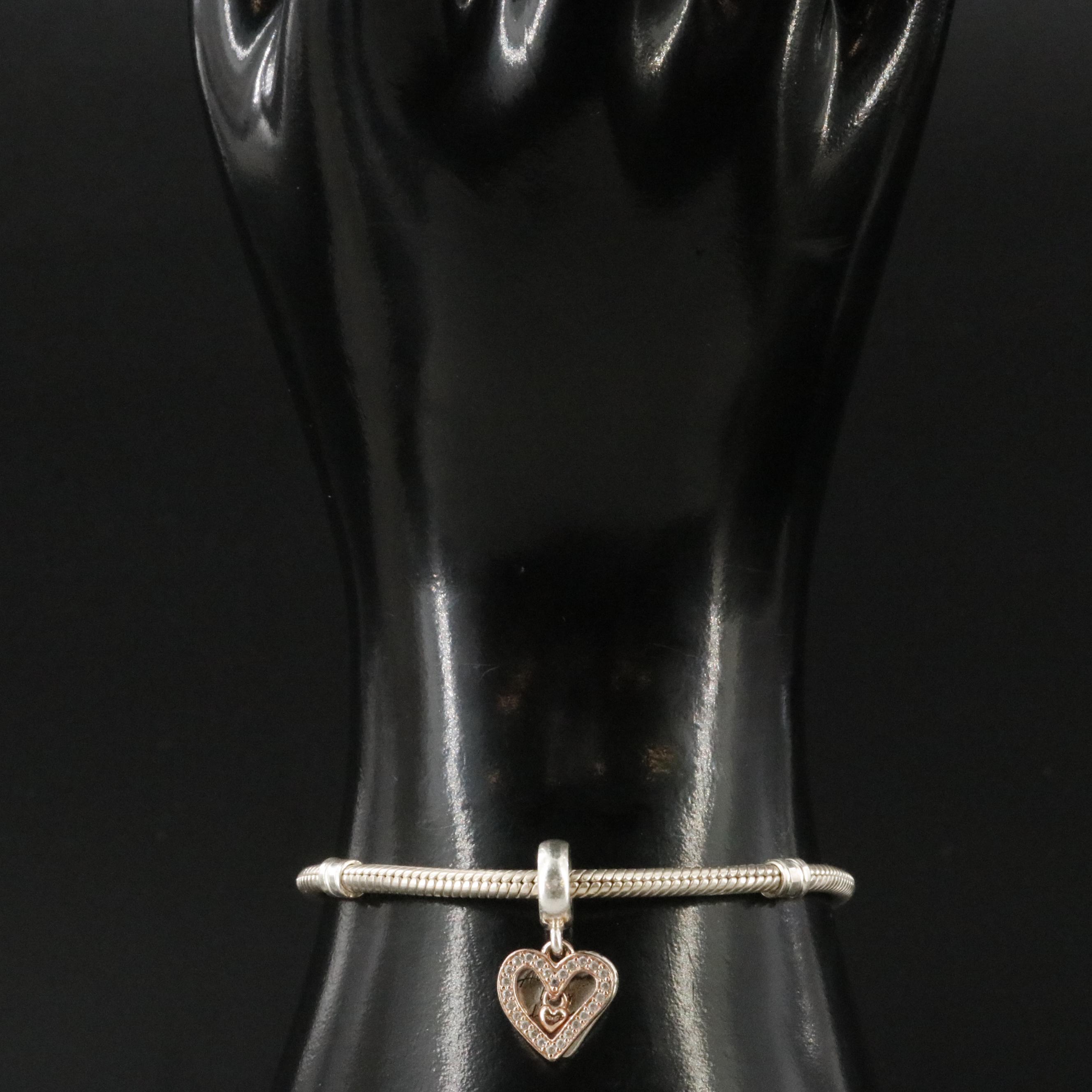 Pandora Sterling CZ Bracelet and Heart Bead with Rose Tone Accent