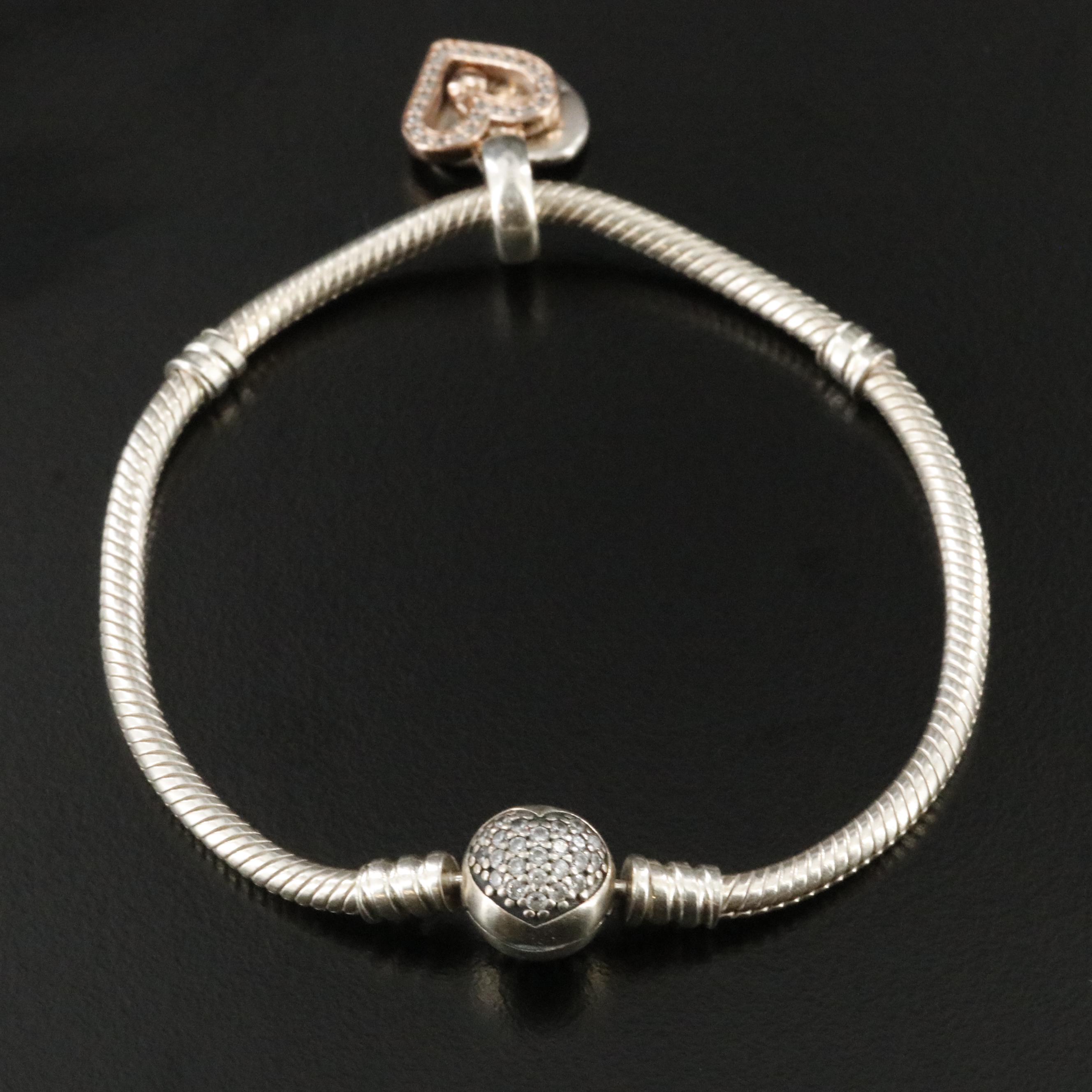 Pandora Sterling CZ Bracelet and Heart Bead with Rose Tone Accent