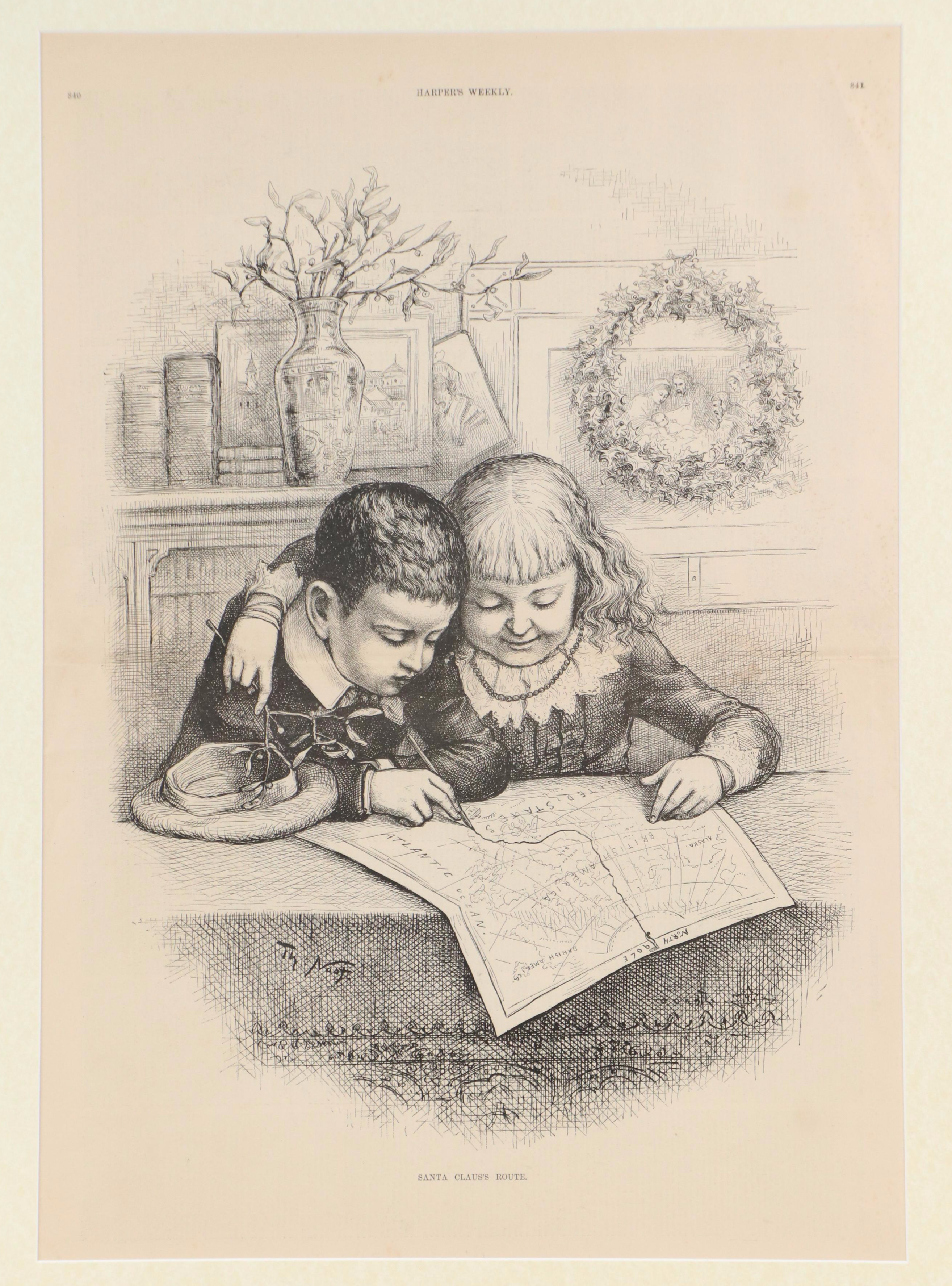 Harper's Weekly Engraving After Thomas Nast "Santa Claus's Route," 1885