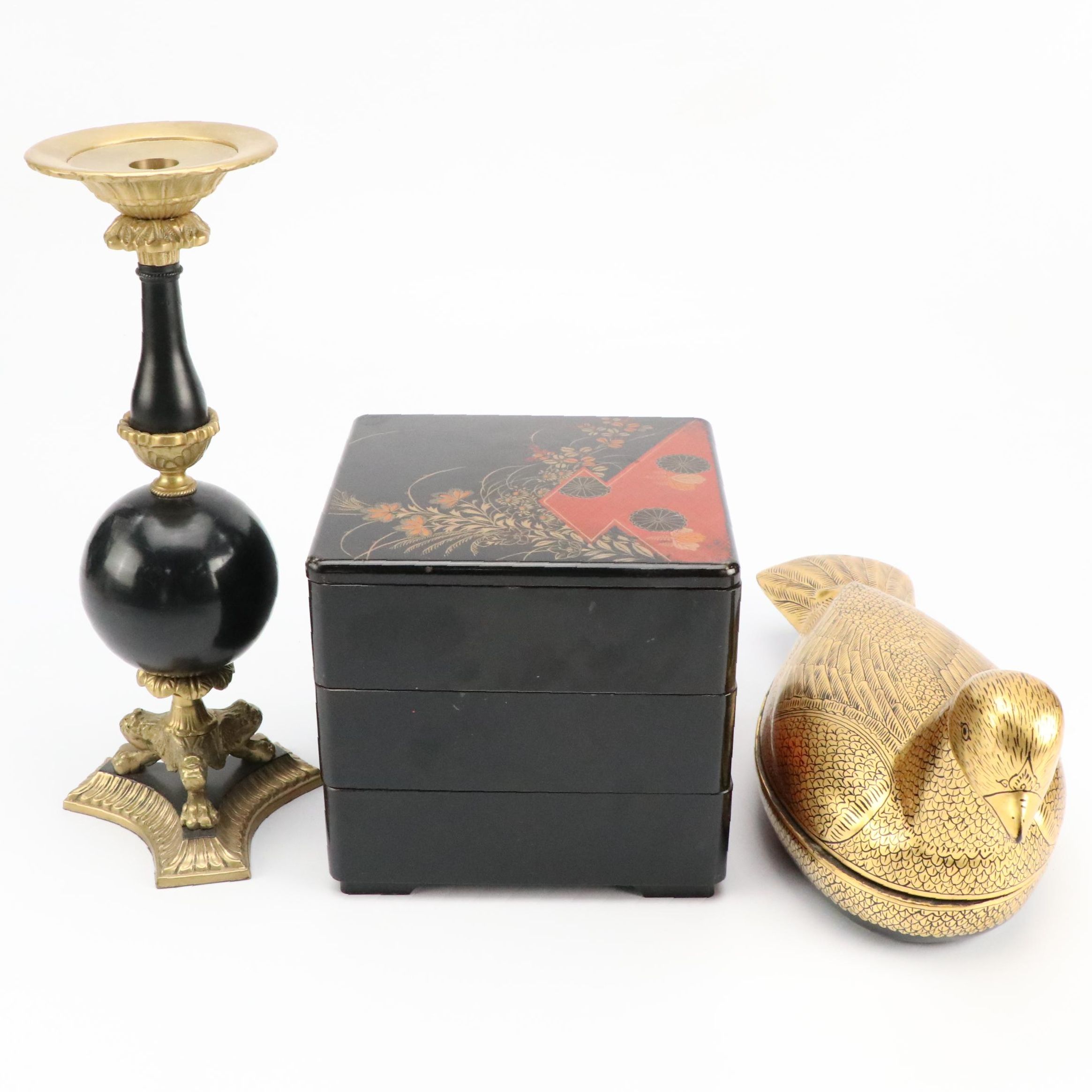 Chinese Gilt Lacquerware Bird Box and Stacking Box with Other Décor