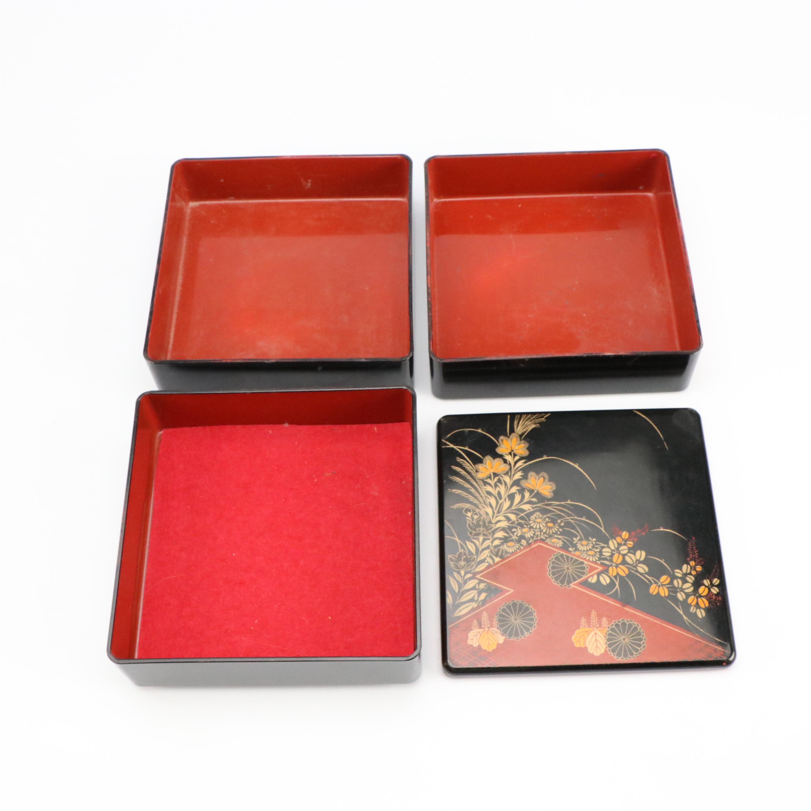 Chinese Gilt Lacquerware Bird Box and Stacking Box with Other Décor