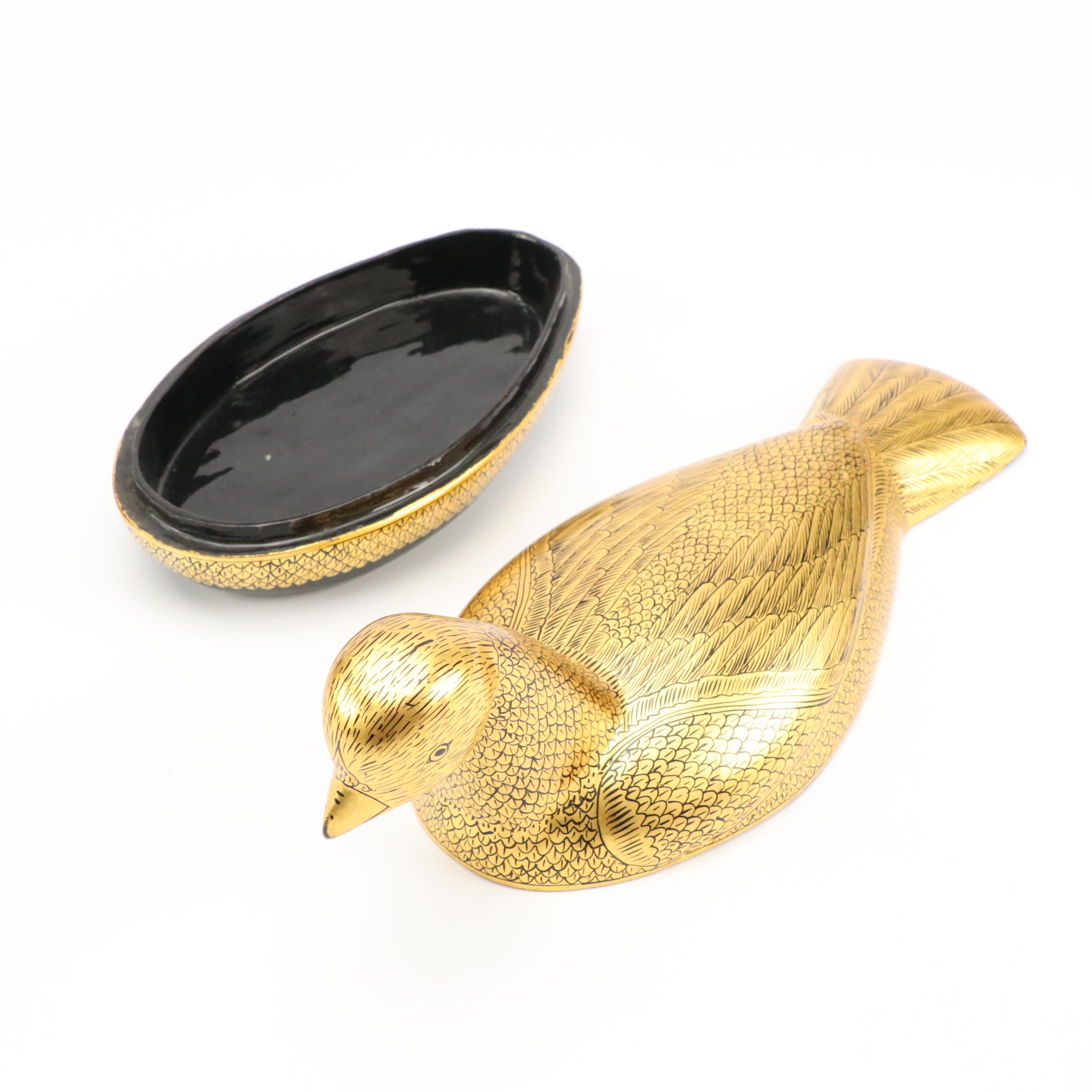 Chinese Gilt Lacquerware Bird Box and Stacking Box with Other Décor