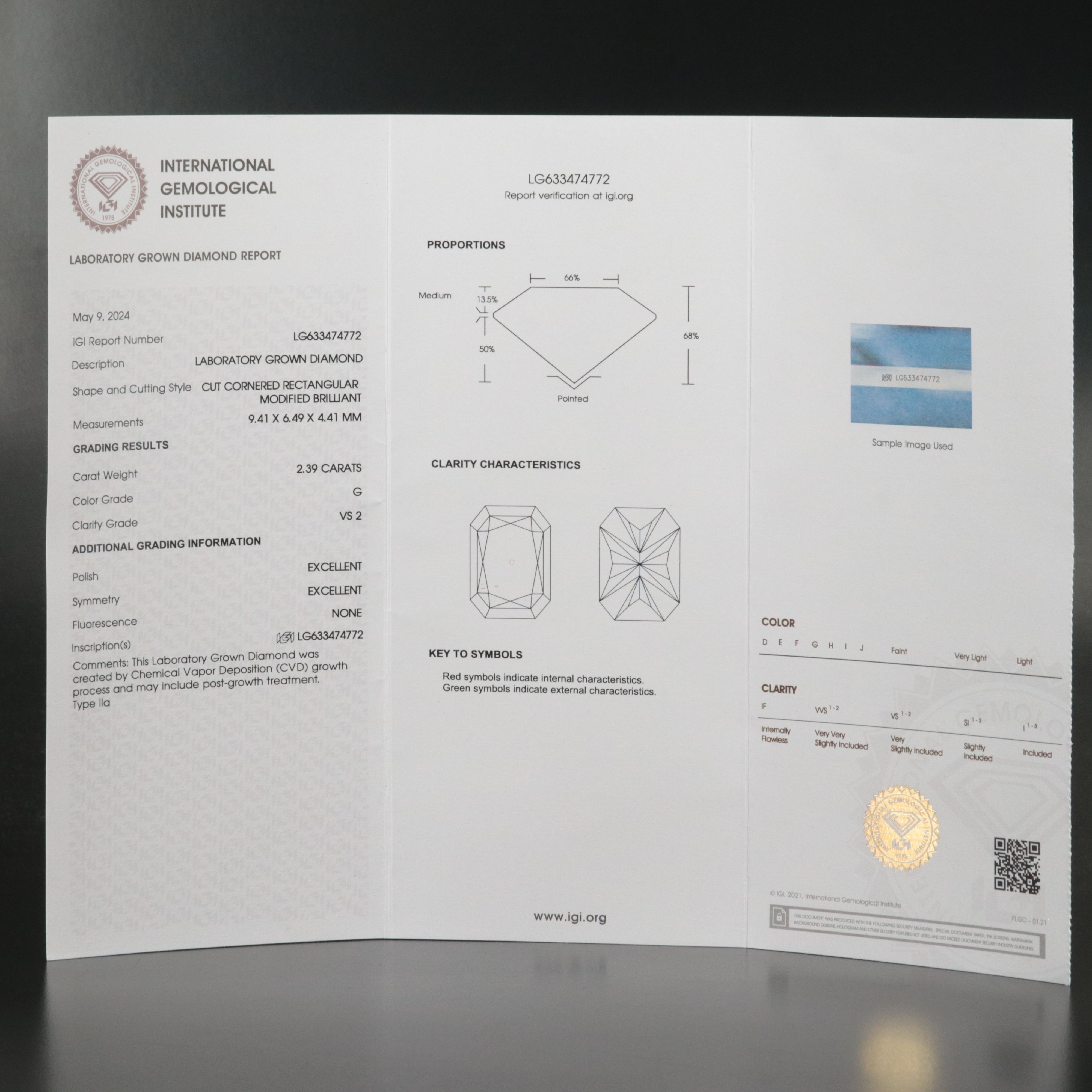 Loose 2.39 CT Lab Grown Diamond with IGI Report