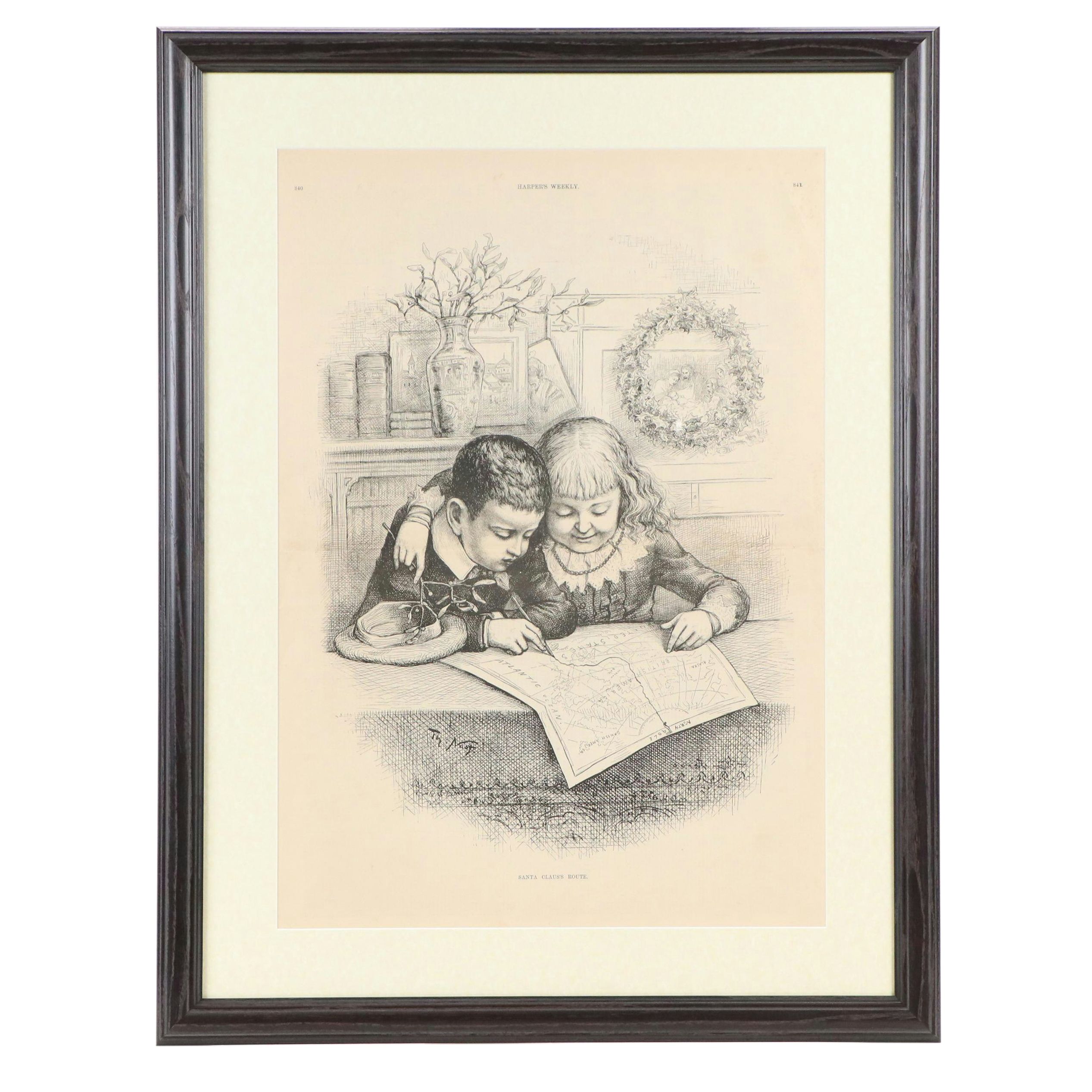 Harper's Weekly Engraving After Thomas Nast "Santa Claus's Route," 1885