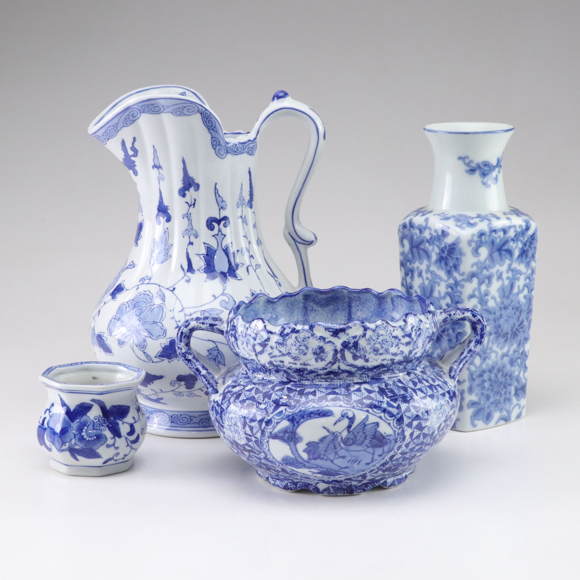 Chinese Blue and White Porcelain Jardiniere, Vase, Pitcher and Planter