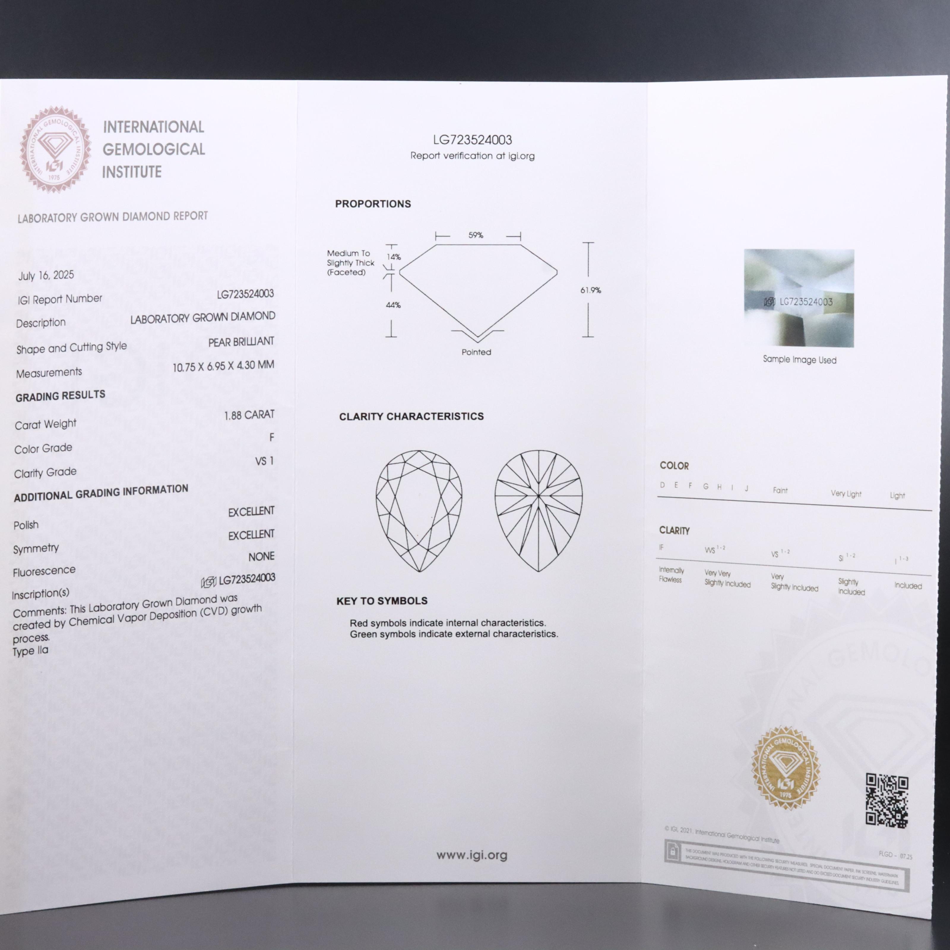 Loose 1.88 CT Lab Grown Diamond with IGI Report