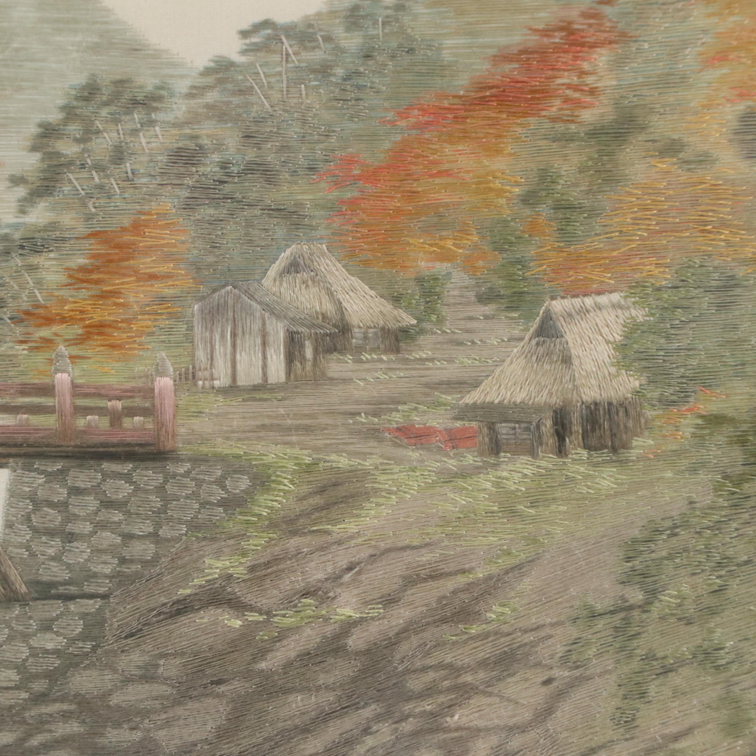 Hand-Embroidered Panel of East Asian Landscape