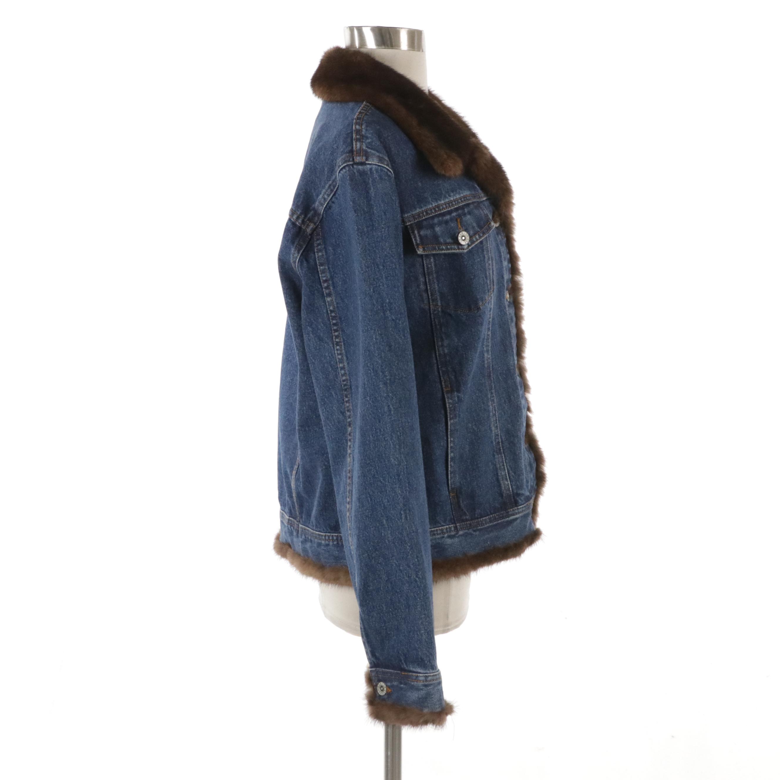 Jean Crisan Fourrure Blue Denim Jean Jacket with Natural Demi-Buff Mink Fur Trim
