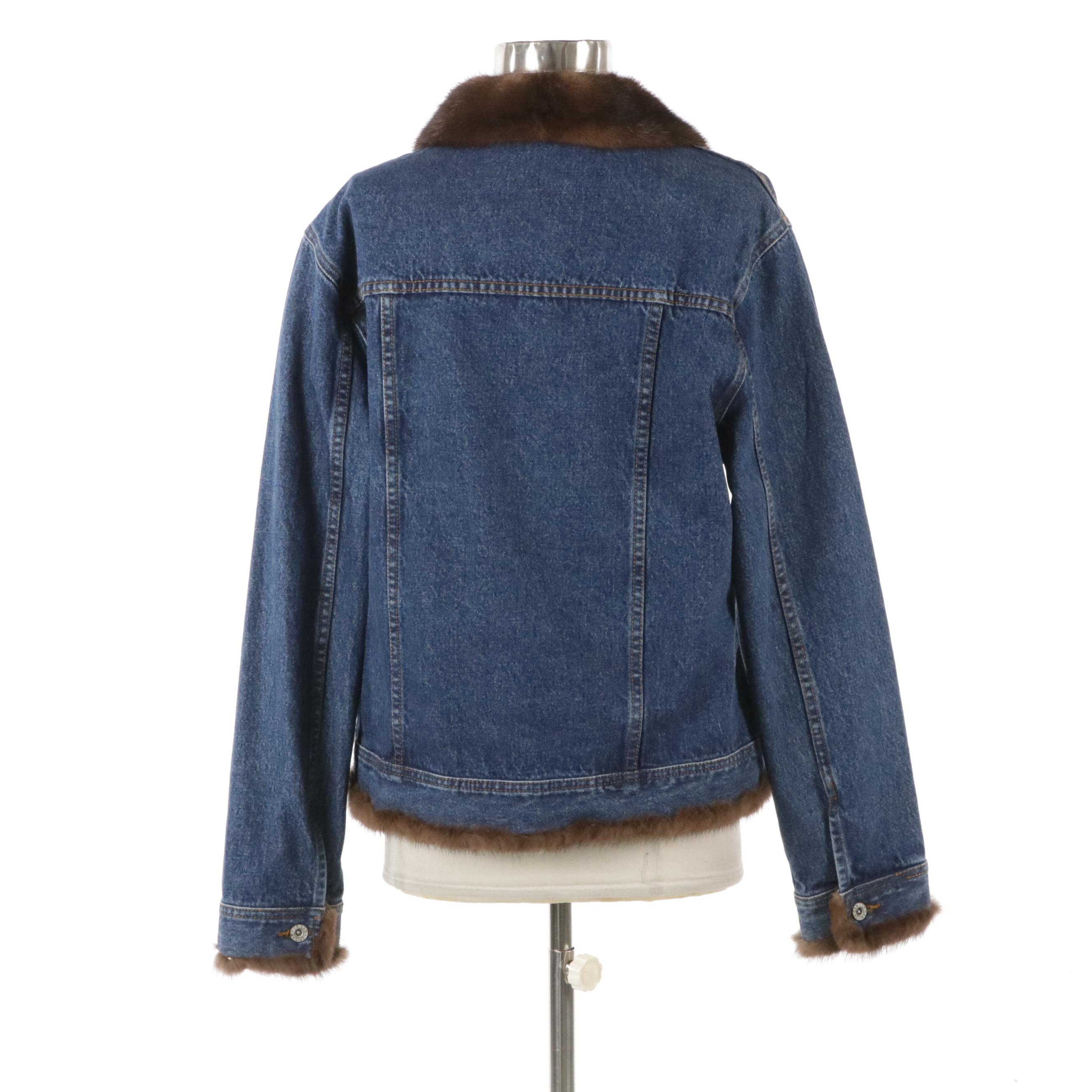 Jean Crisan Fourrure Blue Denim Jean Jacket with Natural Demi-Buff Mink Fur Trim
