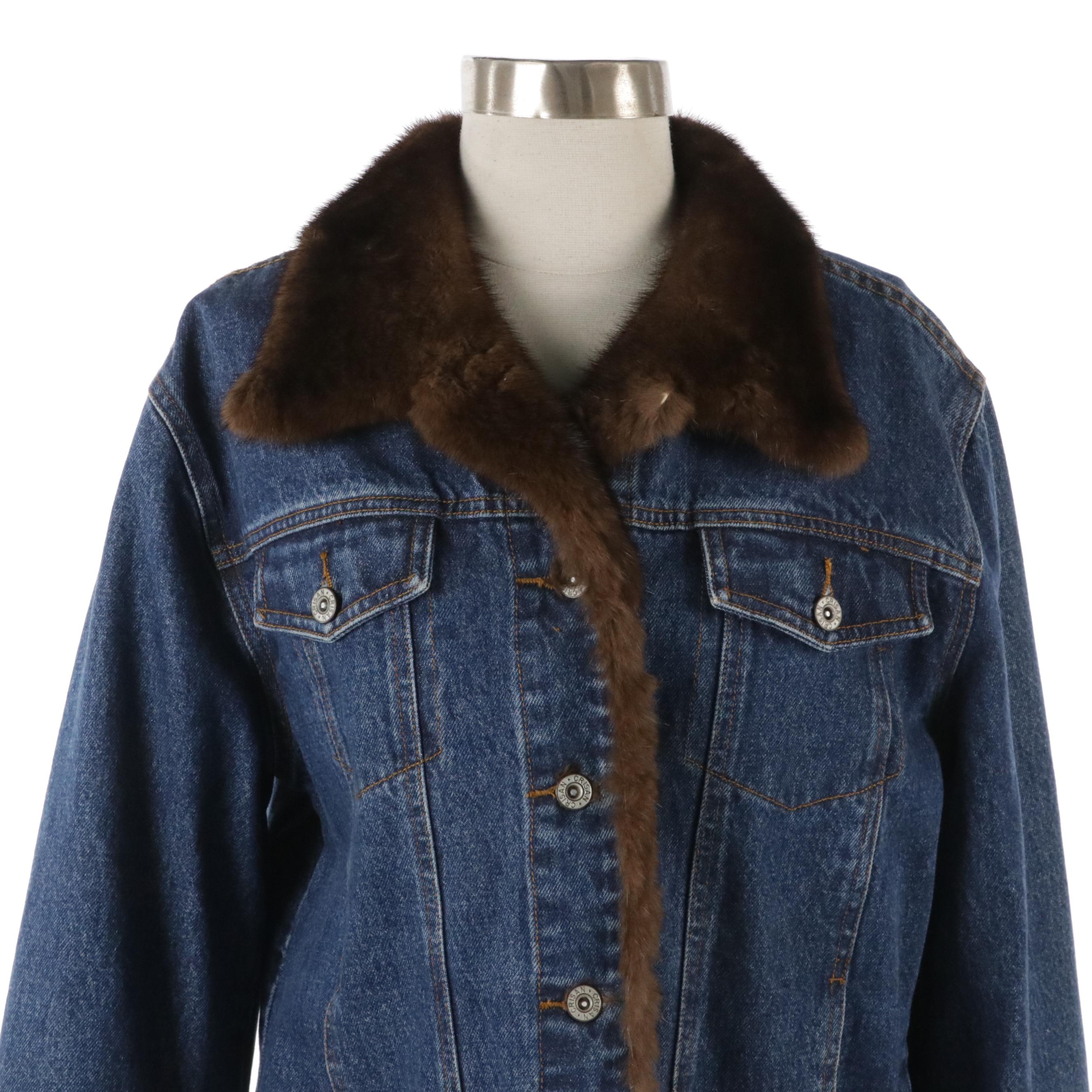 Jean Crisan Fourrure Blue Denim Jean Jacket with Natural Demi-Buff Mink Fur Trim