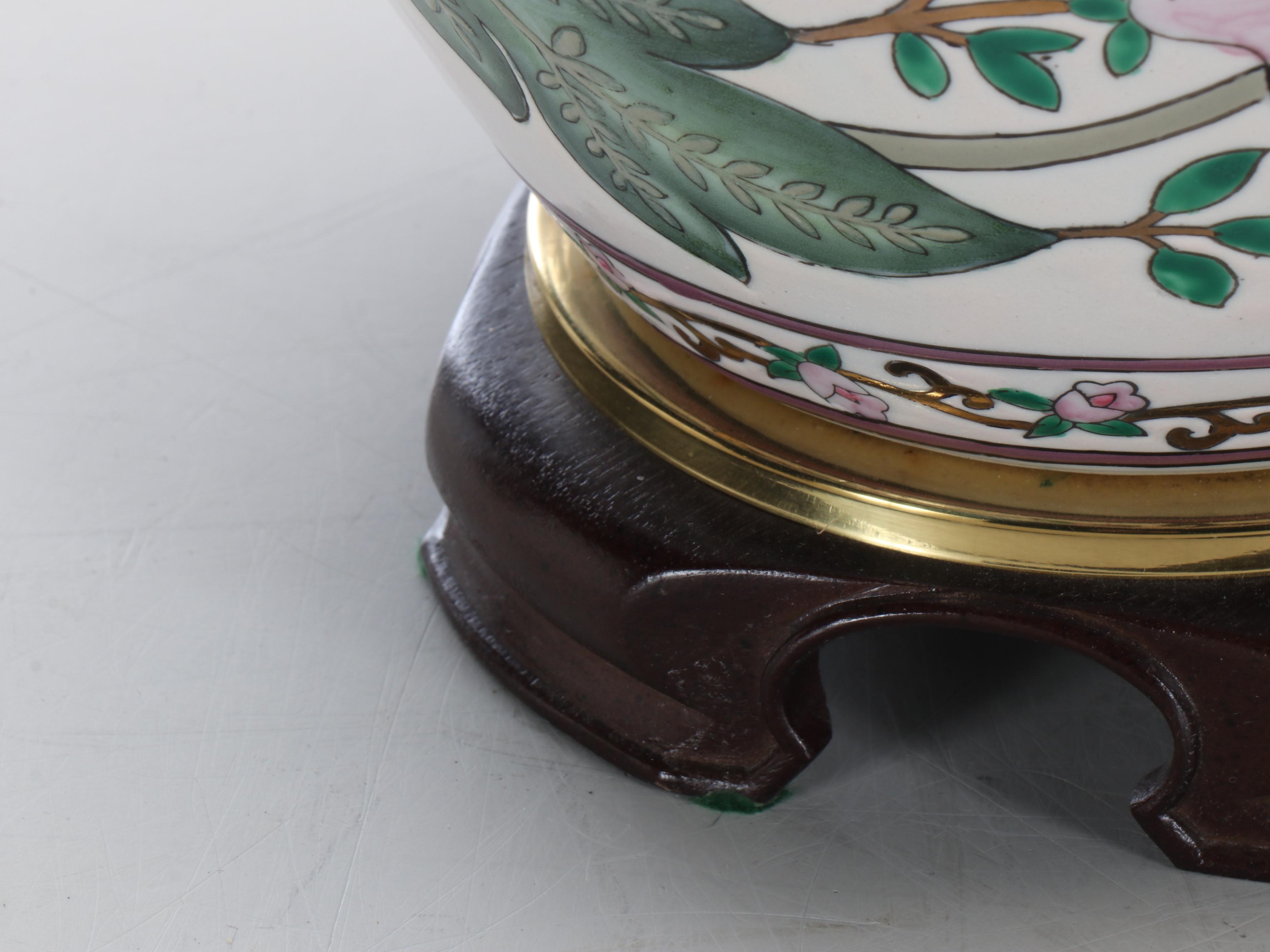 Pair of Chinese Hand-Painted Table Lamps with Silk Shades