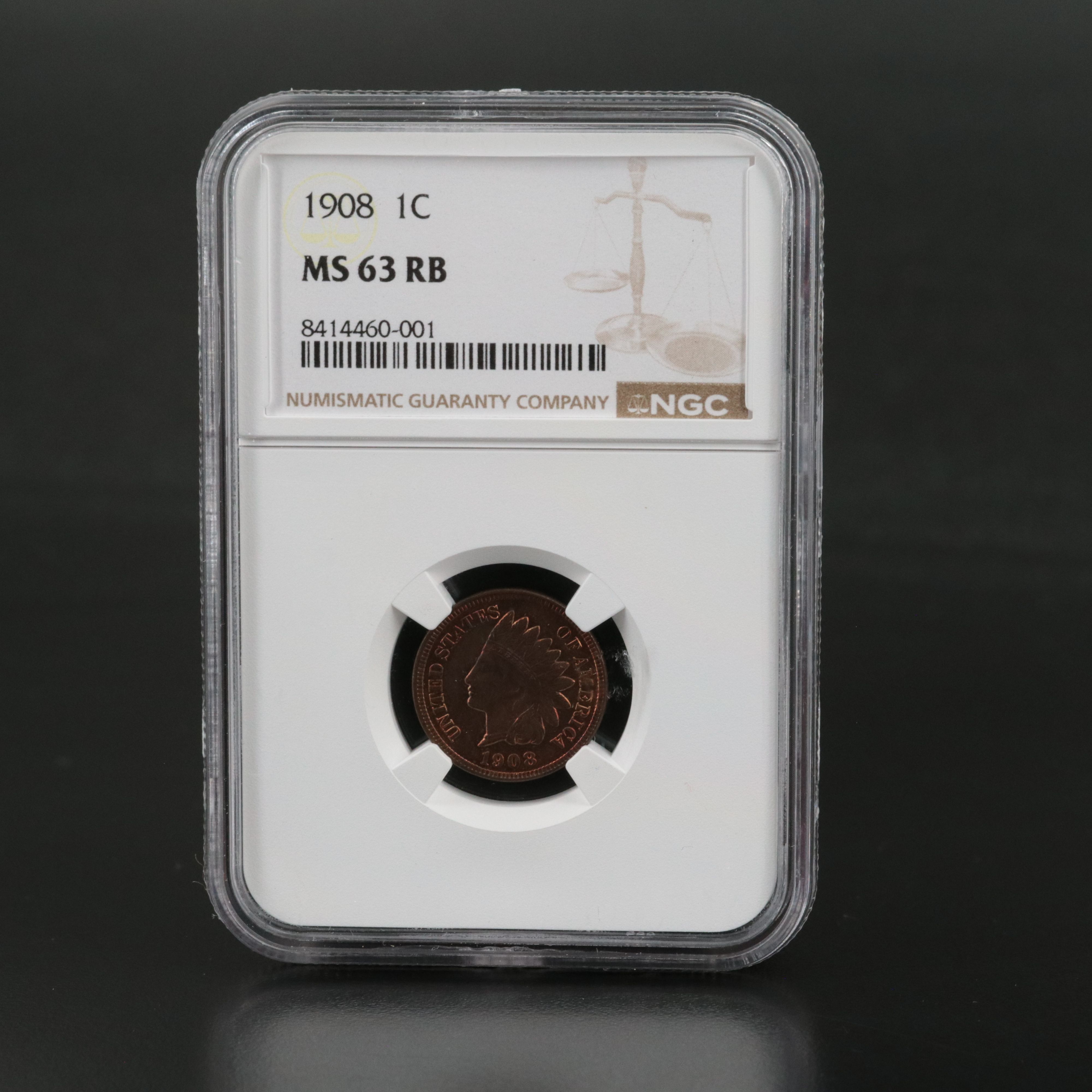 NGC Graded MS63 RB 1908 Indian Cent