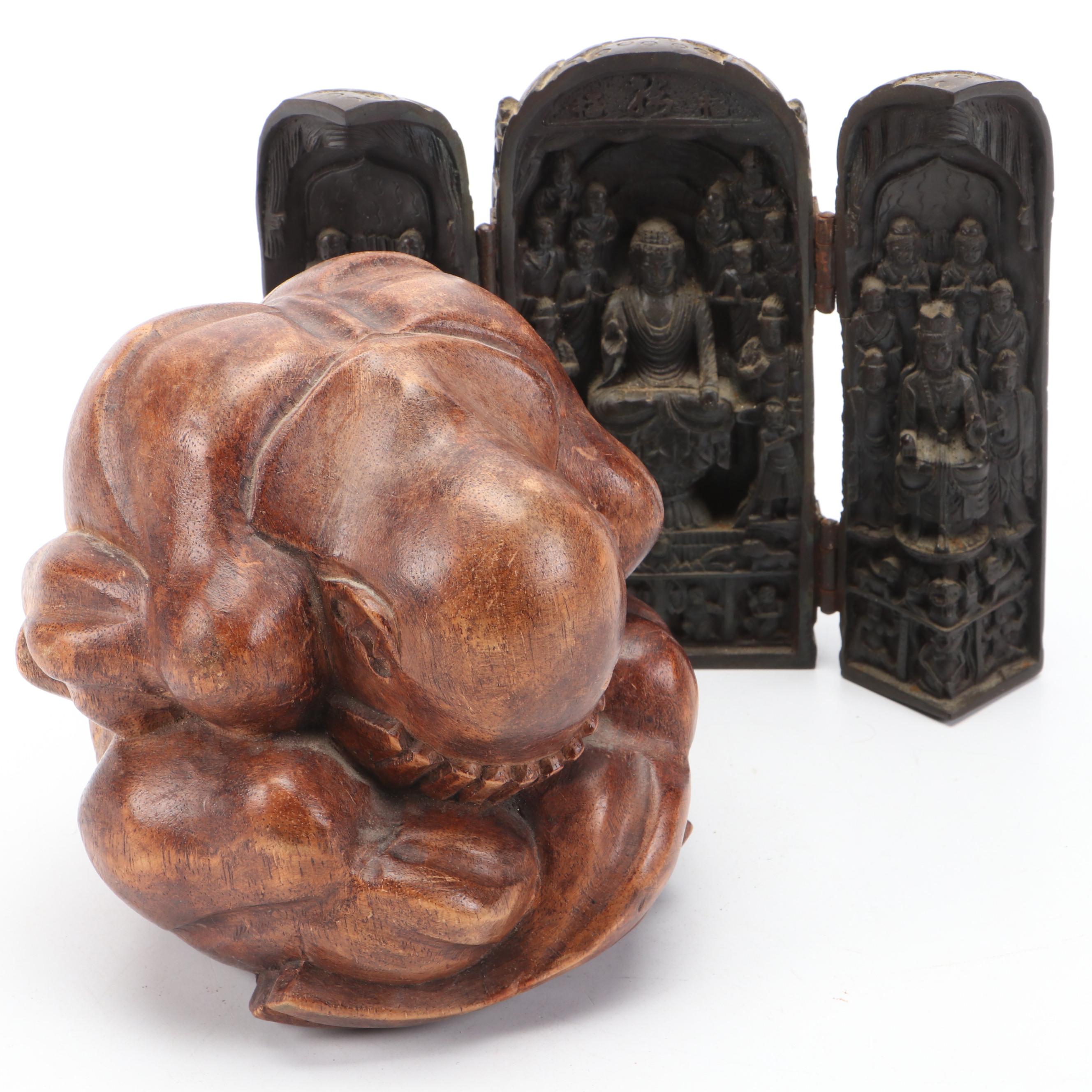 Buddhist Carved Wood Weeping Man and Composite Trifold Portable Shrine