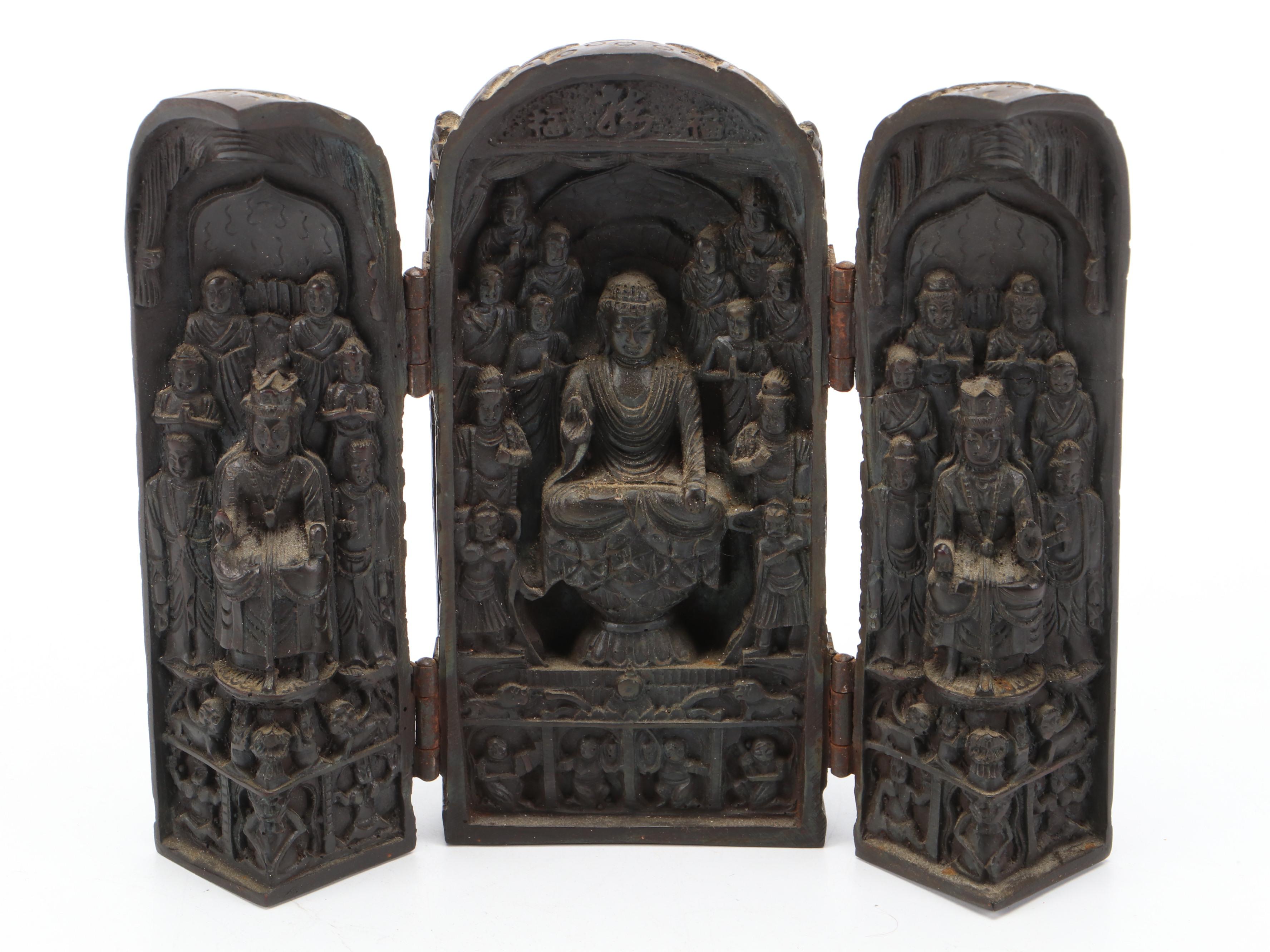 Buddhist Carved Wood Weeping Man and Composite Trifold Portable Shrine