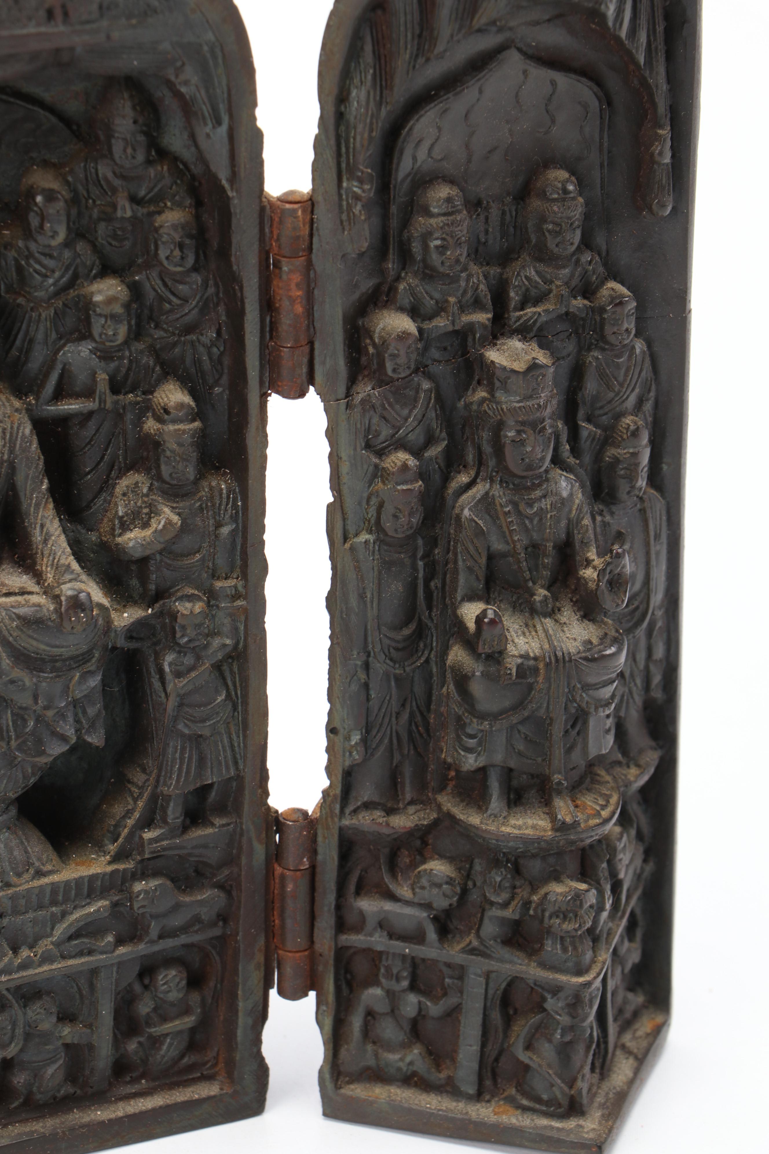 Buddhist Carved Wood Weeping Man and Composite Trifold Portable Shrine