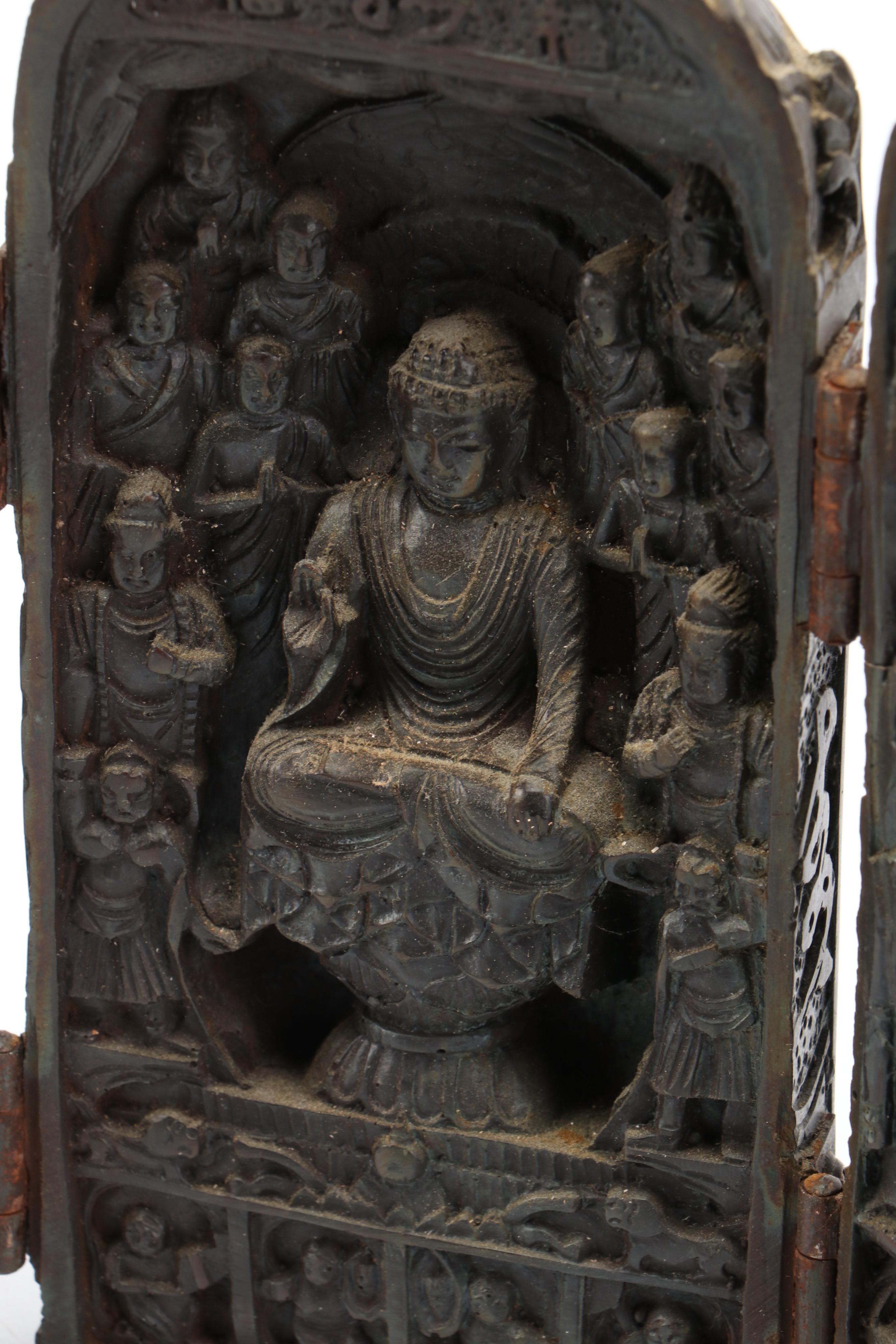 Buddhist Carved Wood Weeping Man and Composite Trifold Portable Shrine