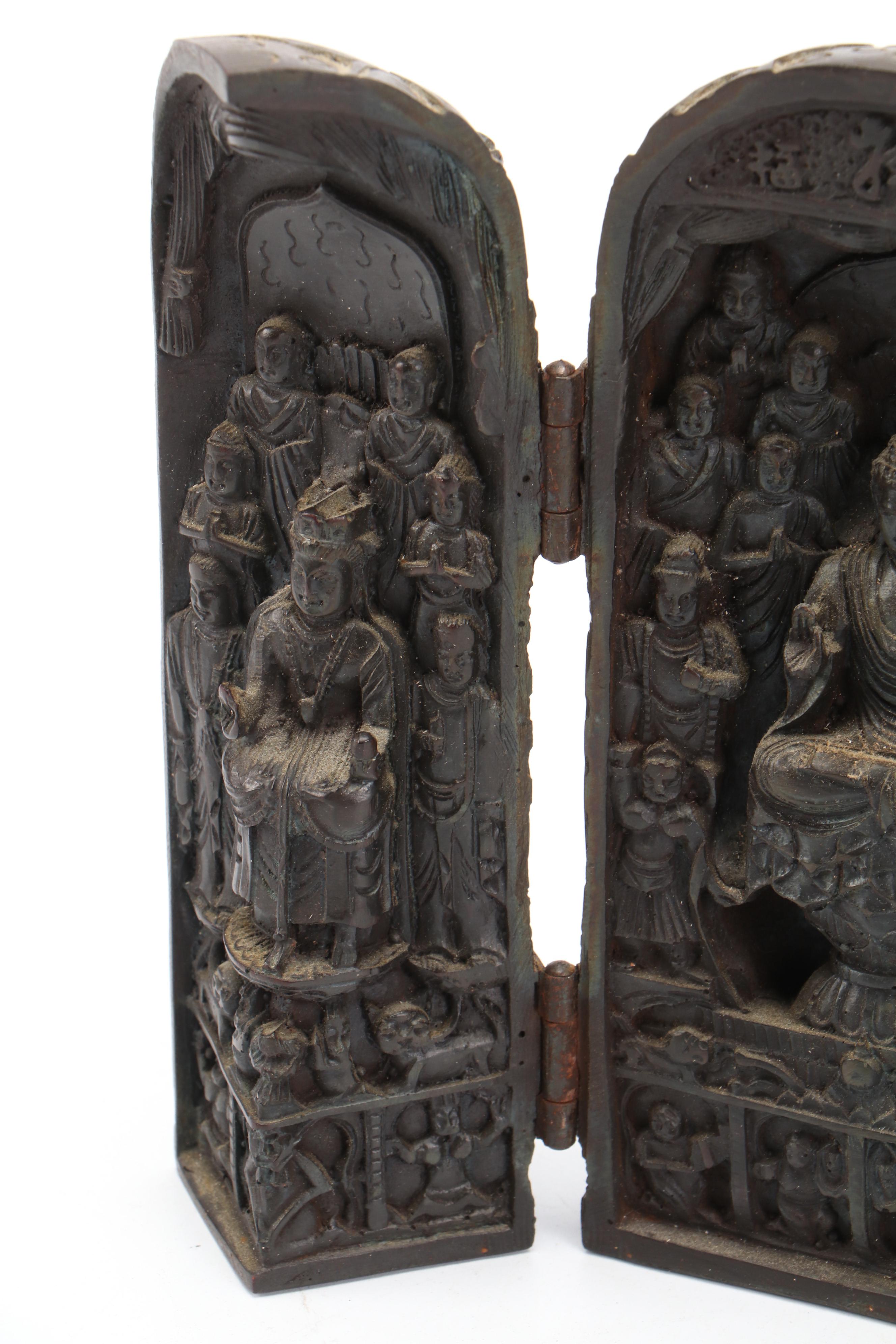 Buddhist Carved Wood Weeping Man and Composite Trifold Portable Shrine