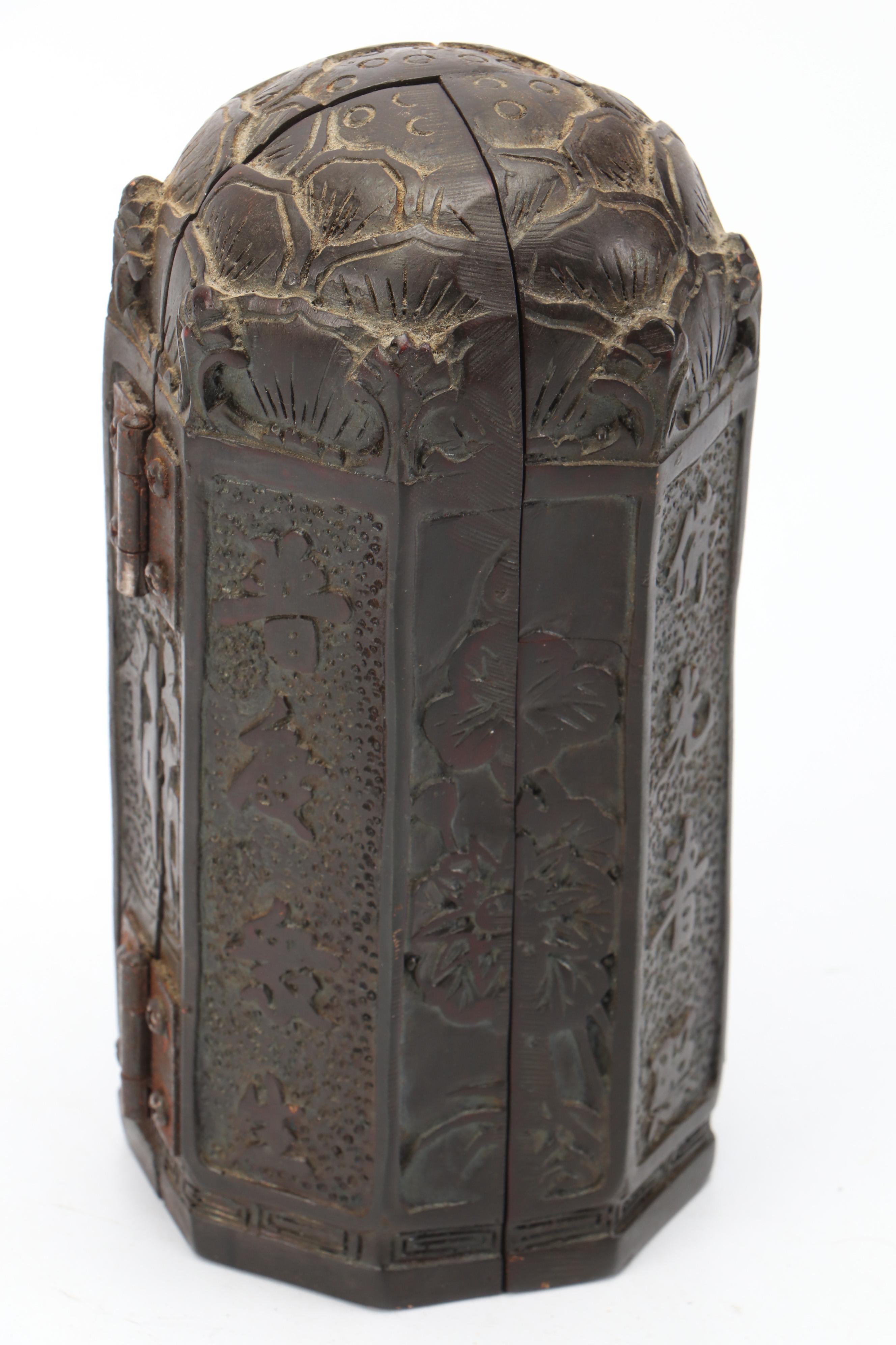 Buddhist Carved Wood Weeping Man and Composite Trifold Portable Shrine