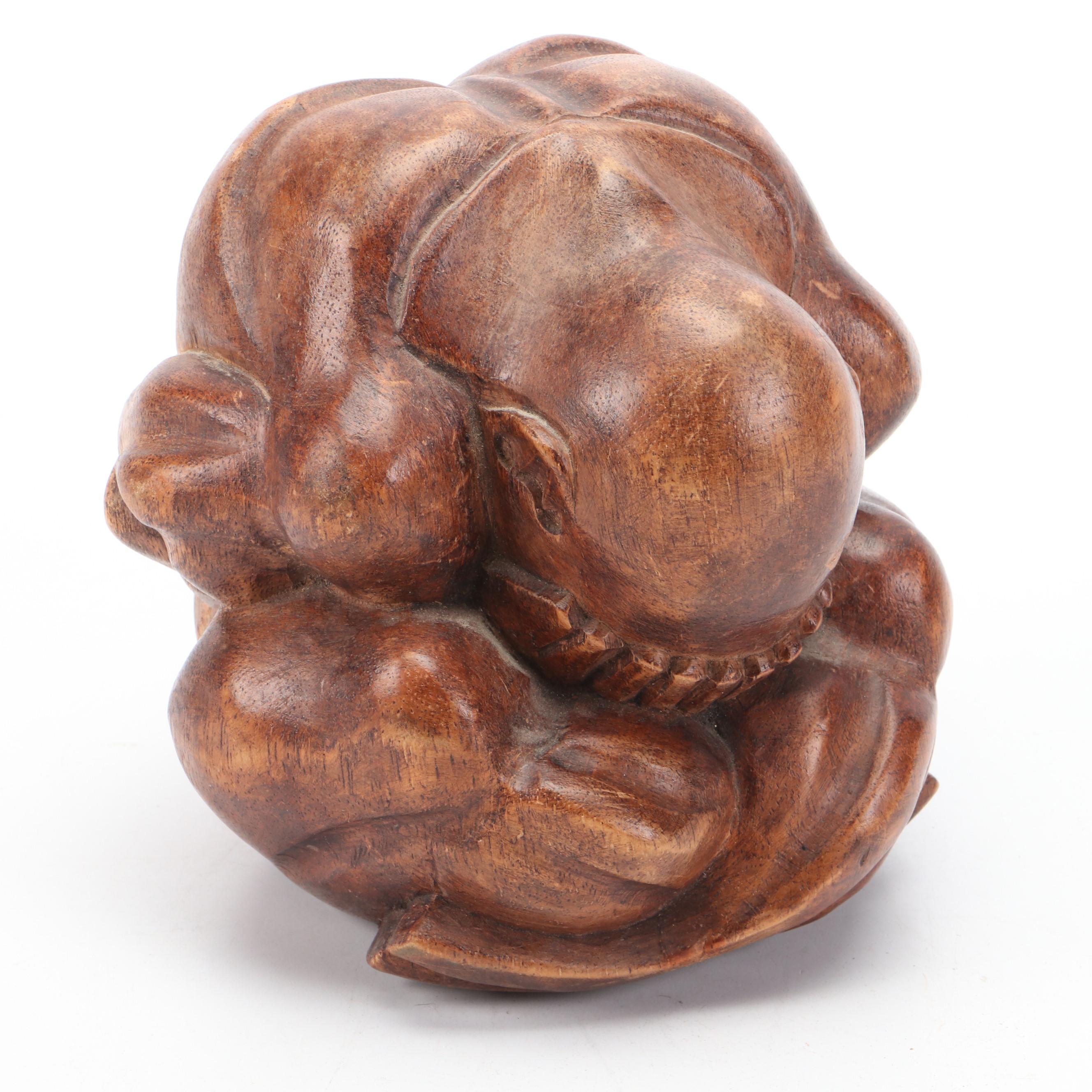 Buddhist Carved Wood Weeping Man and Composite Trifold Portable Shrine