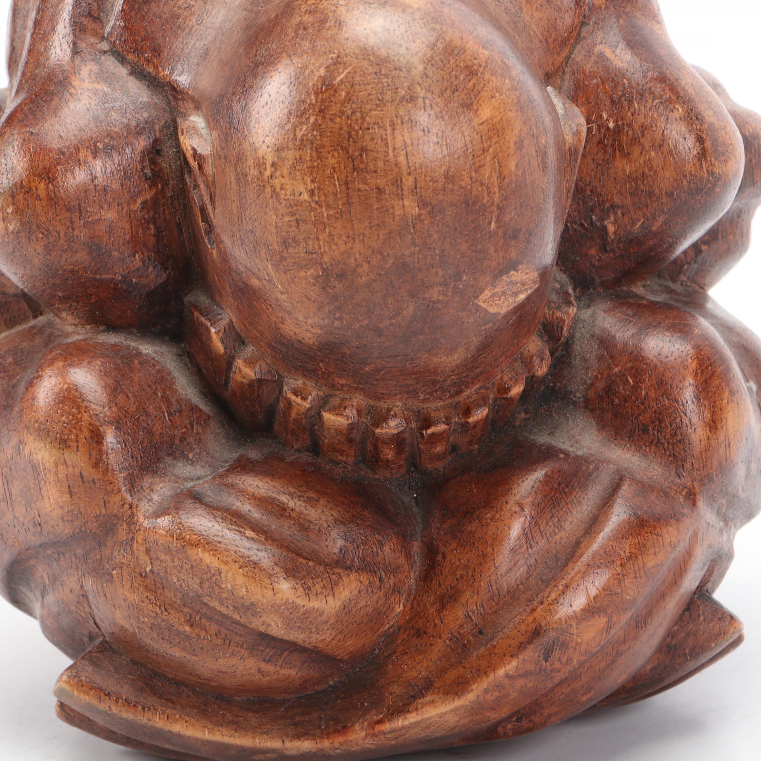 Buddhist Carved Wood Weeping Man and Composite Trifold Portable Shrine