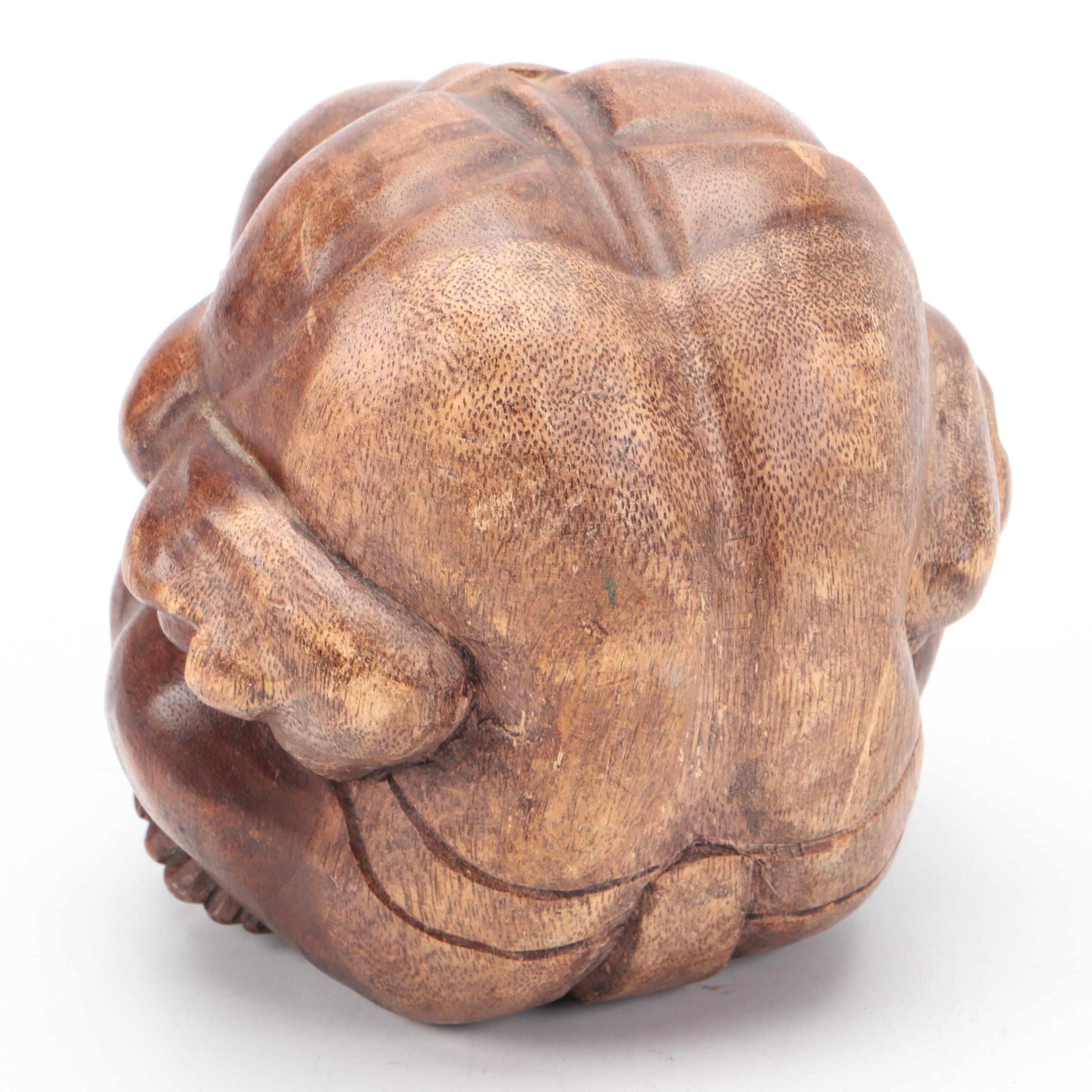 Buddhist Carved Wood Weeping Man and Composite Trifold Portable Shrine